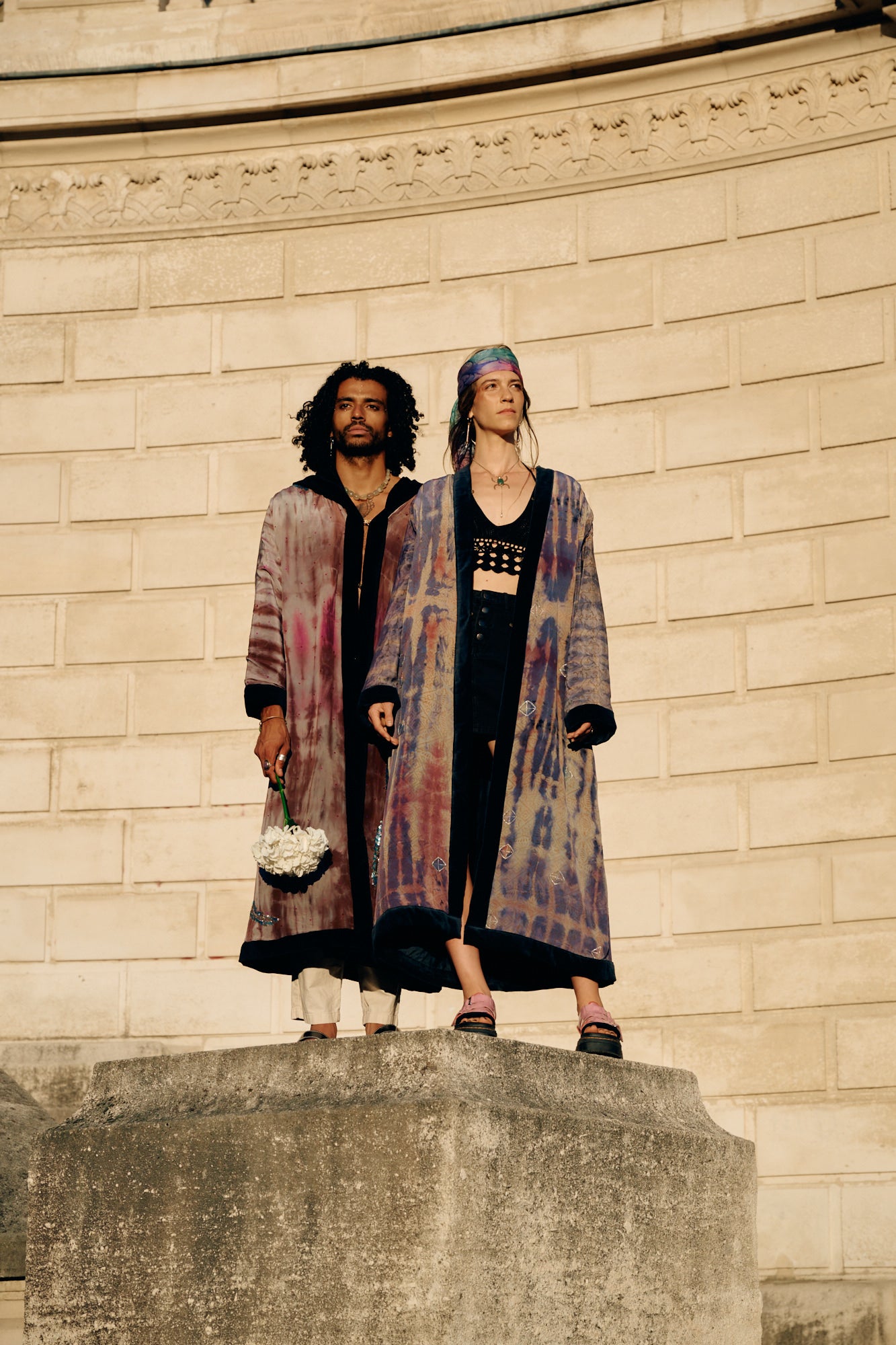 Duo wearing The Ceremonial and The Ritual models ,long silk coat with cotton velvet lining one of a kind and unique piece of garment, conscious creation, sustainable fashion by Yayavara Creation