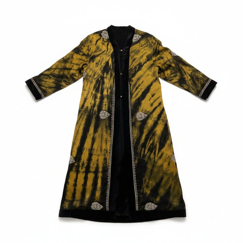 Flatlay frontside of The Ceremonial long coat made of natural satin silk soft and shinny with handmade embroidery that shines like diamonds unisex collection by Yayavara Creation