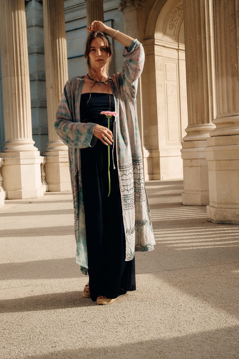 The Eternal Aspara long silk kimono long sleeves with handmade embroidery light blue and cream unique piece of garment Yayavara Creation