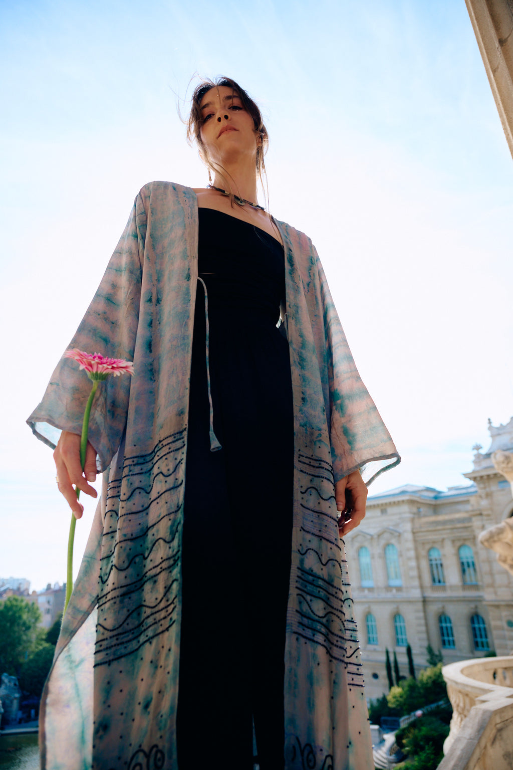 The Eternal Aspara long silk kimono long sleeves with handmade embroidery light blue and cream unique piece of garment Yayavara Creation