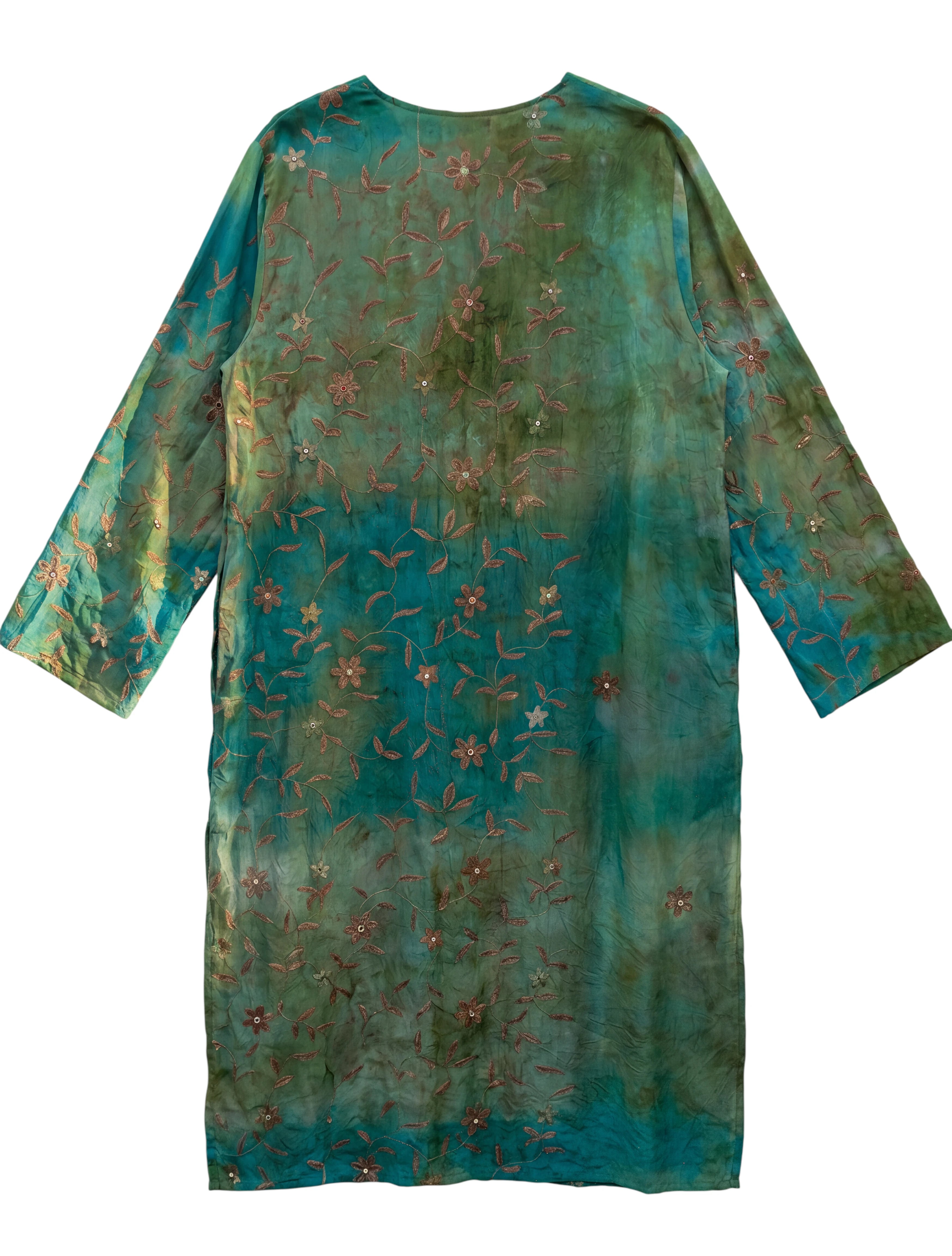 The Eternal River Nymph Flatlay backside embroidery  flowers green tie and dye