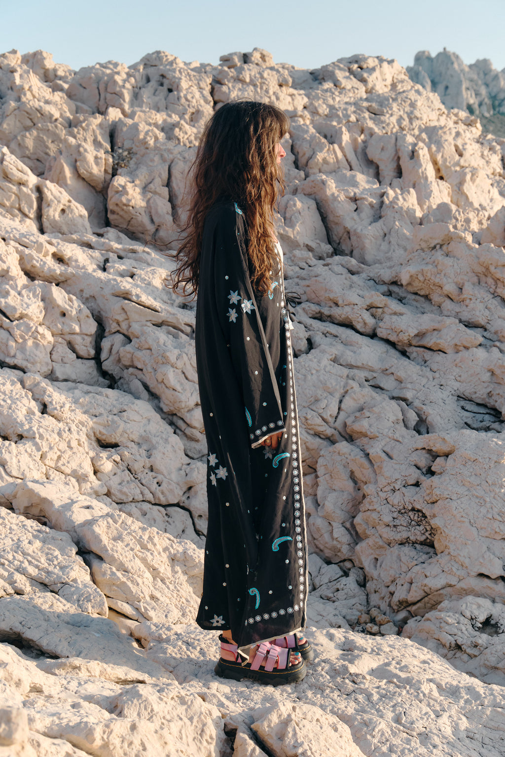 The Eternal long black kimono made from vintage natural silk and handmade embroidery by Yayavara Creation