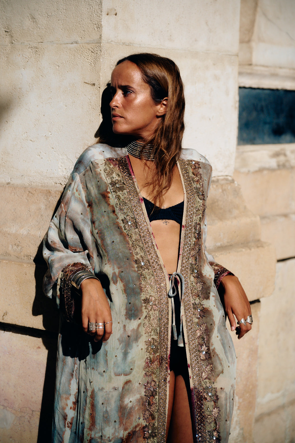 The Eternal long sleeves coat with handmade embroidery tie and dye unique piece of garment