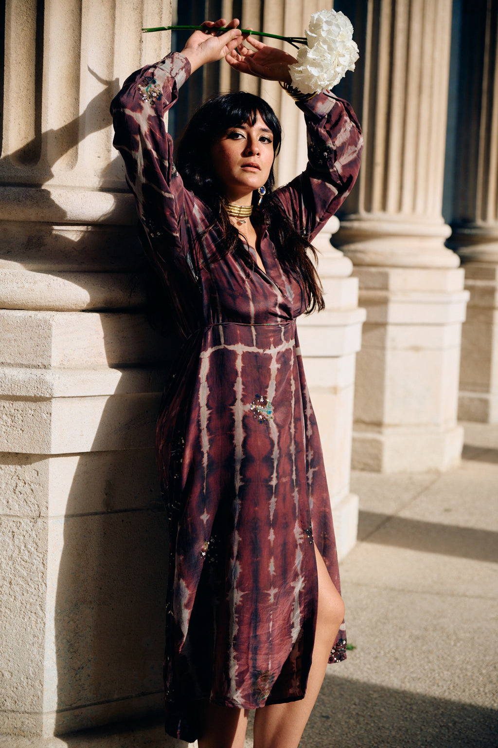 Long dress crafted from a vintage Indian sari. Puffed sleeves, shirt collar, wrist cuffs. One-of-a-kind.