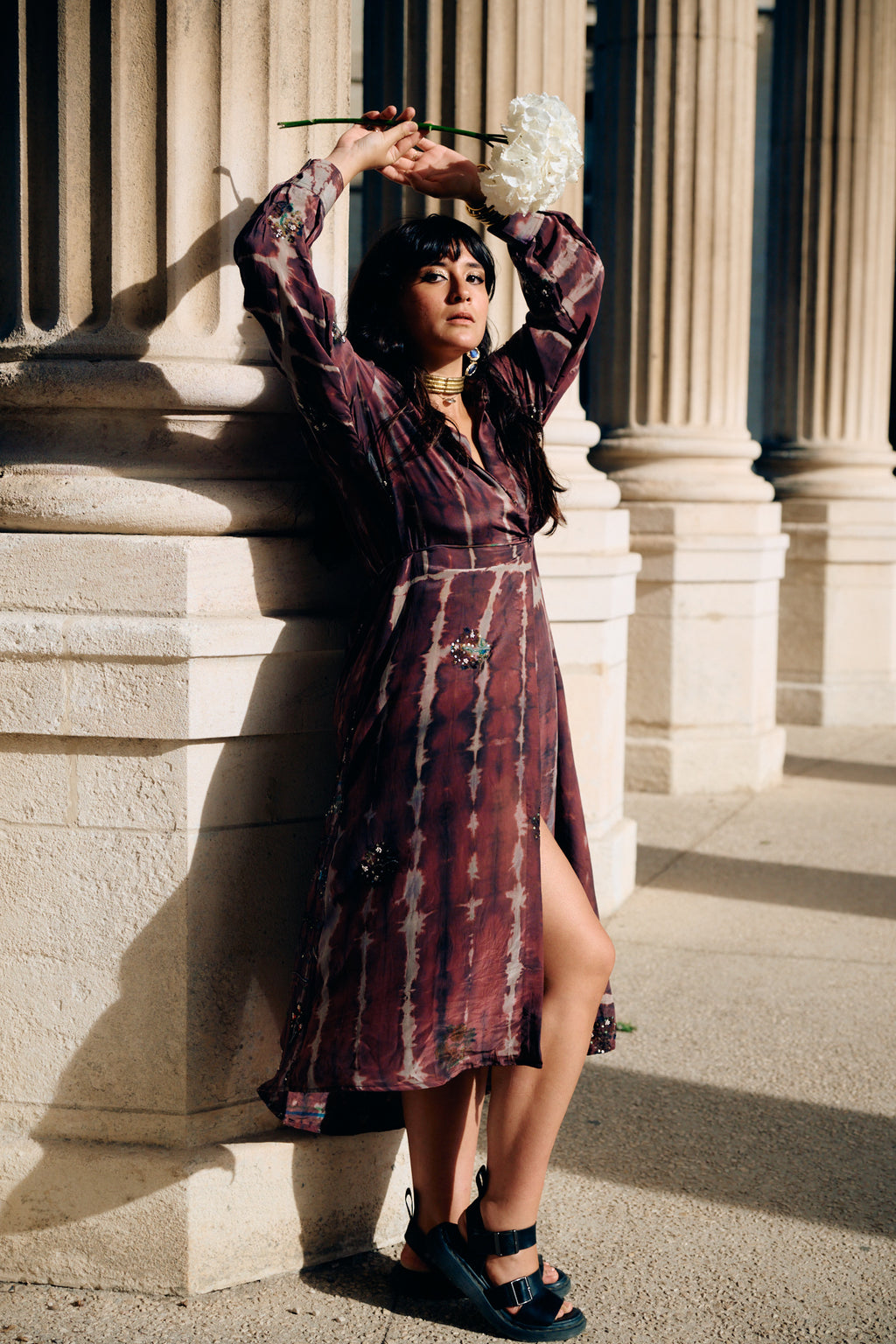 Long dress crafted from a vintage Indian sari. Puffed sleeves, shirt collar, wrist cuffs. One-of-a-kind.