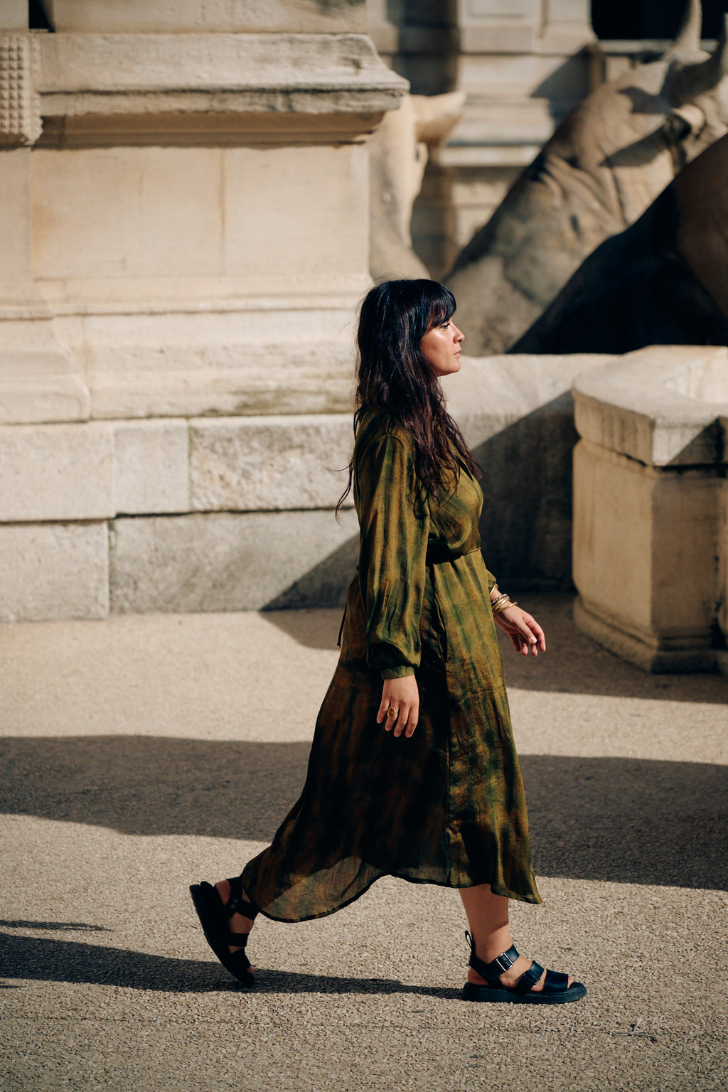Long dress crafted from a vintage Indian sari. Puffed sleeves, shirt collar, wrist cuffs. One-of-a-kind. Wear it as a dress or a jacket. 