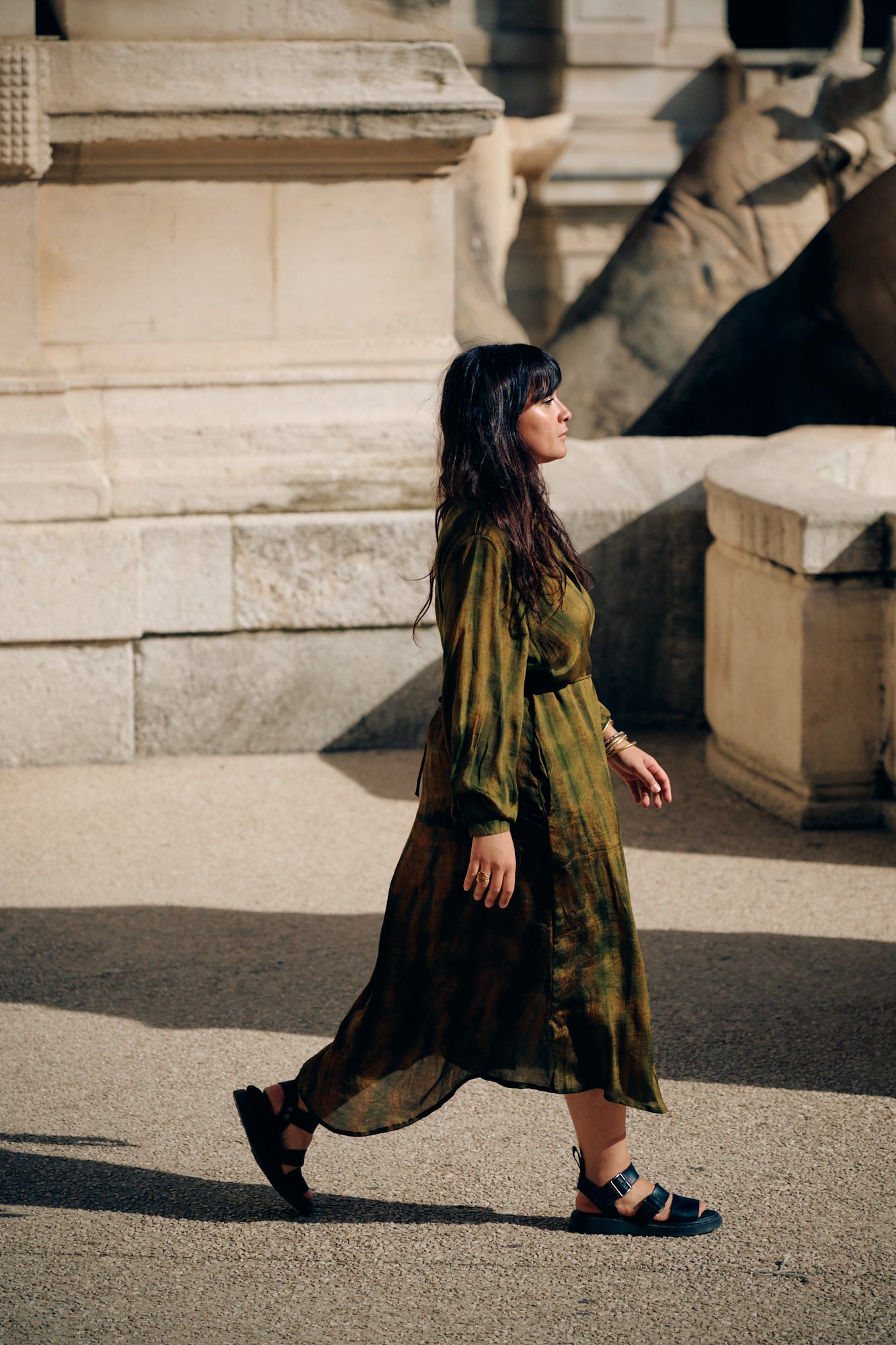 Long dress crafted from a vintage Indian sari. Puffed sleeves, shirt collar, wrist cuffs. One-of-a-kind. Wear it as a dress or a jacket. 