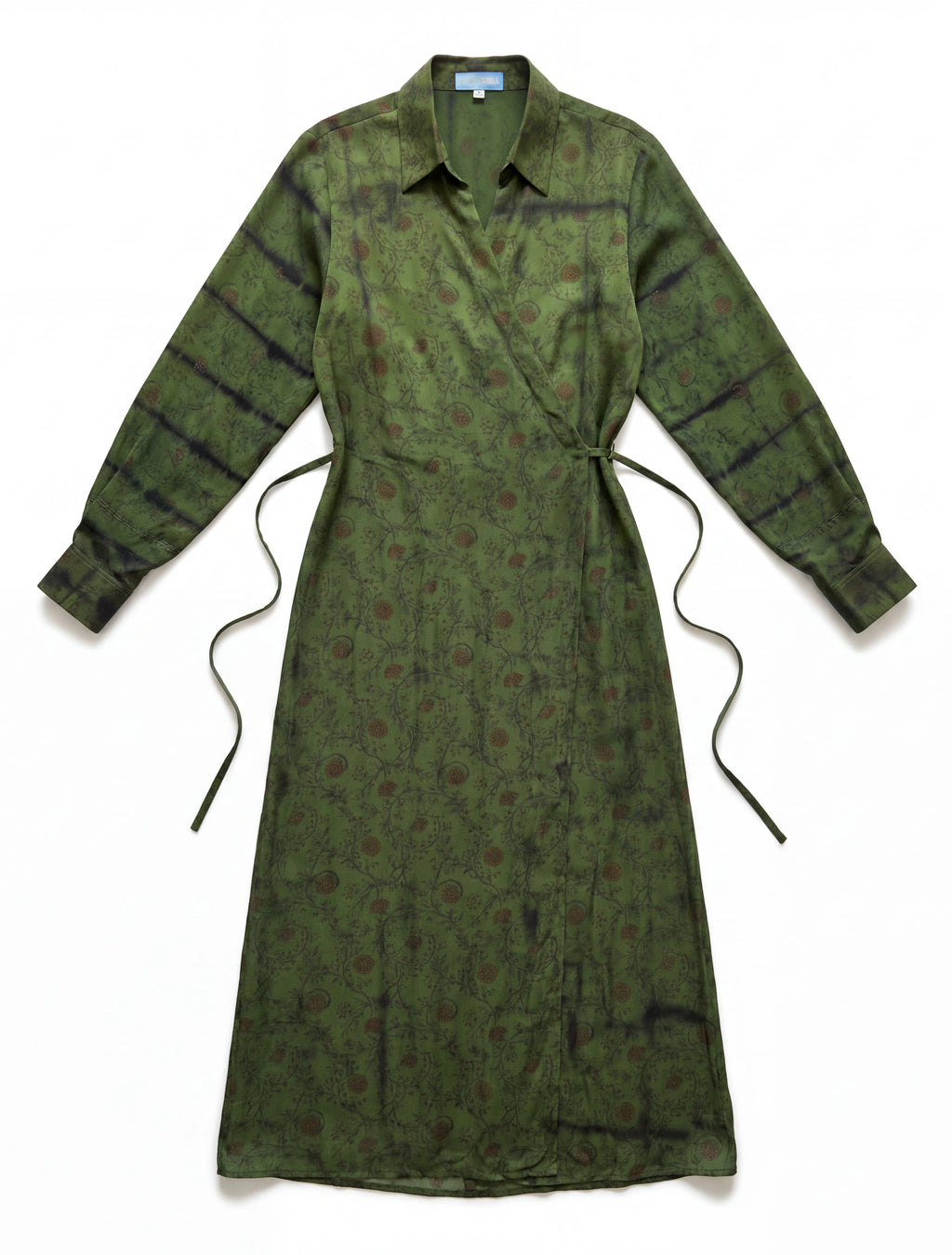 The Freedom robe portefeuille fluide et confortable facile à porter en toute occasion crêpe de soie naturelle avec imprimés floraux couleurs vert khaki