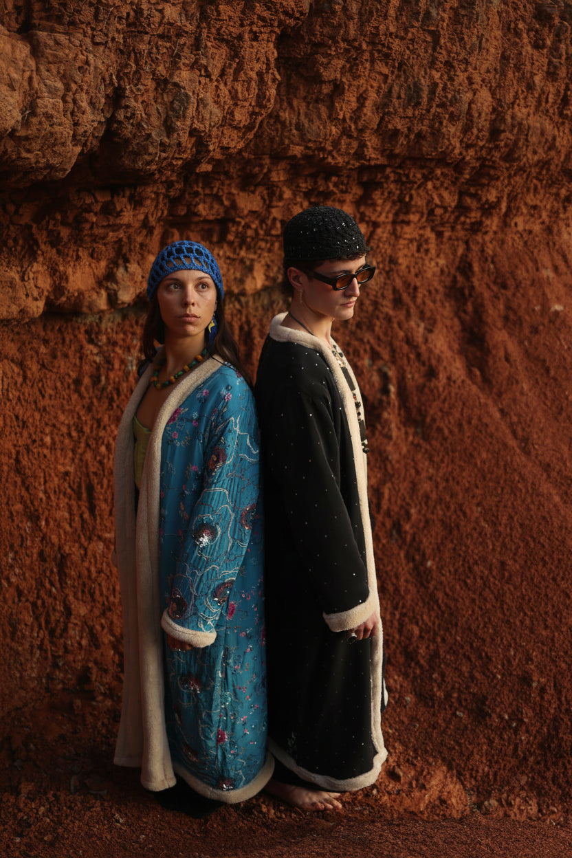 The Magical - Mermaid duo of persons wearing the magical models natural silk and handmade embroideries unisex collection