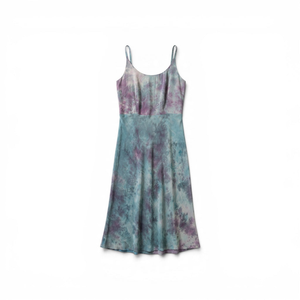 The Muse Silk Dress Purple Haze Fluid Upcycled Garment adjustable straps blue and purple tie and dye