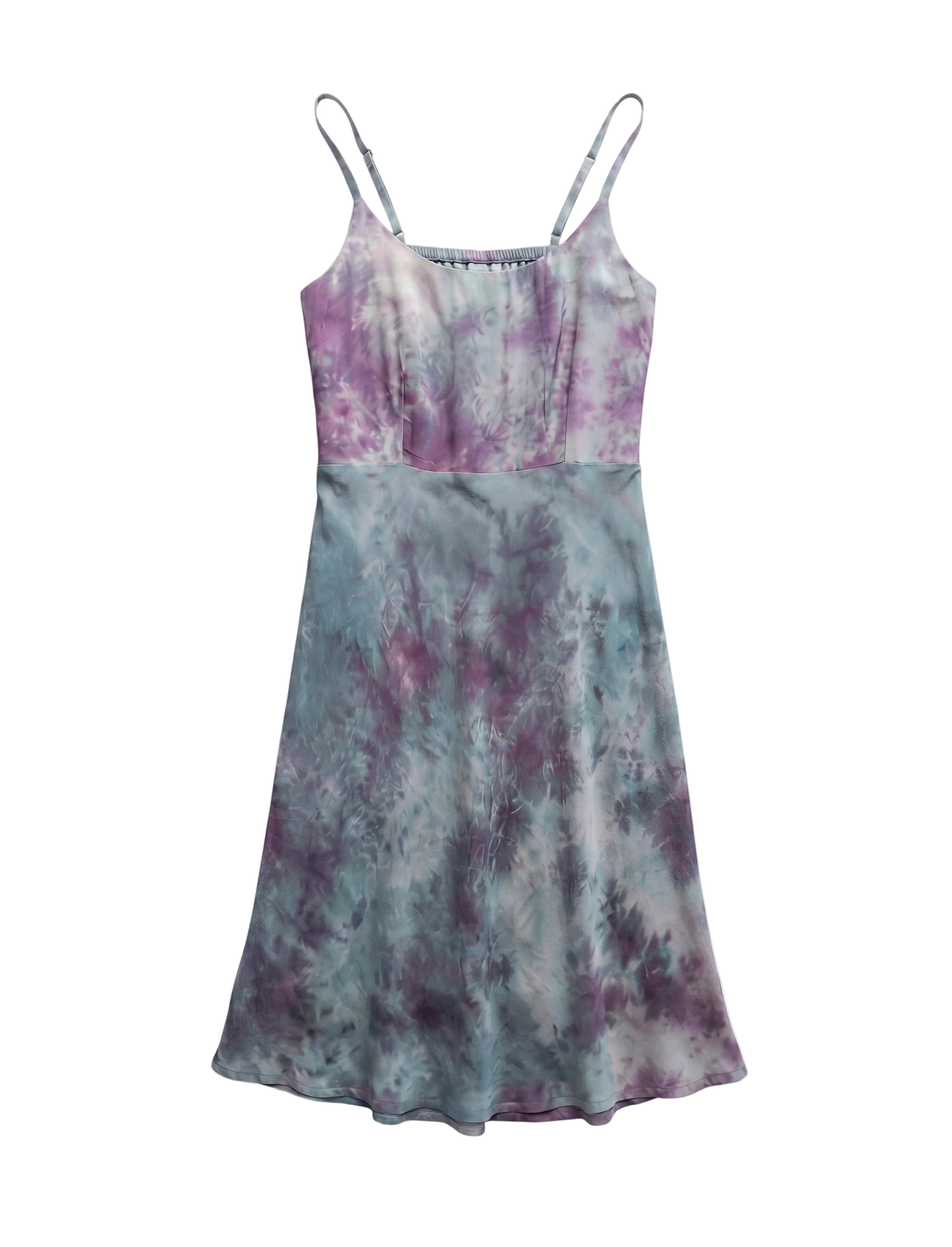 The Muse Silk Dress Purple Haze Fluid Upcycled Garment adjustable straps blue and purple tie and dye conscious and sustainable fashion luxury by Yayavara Creation