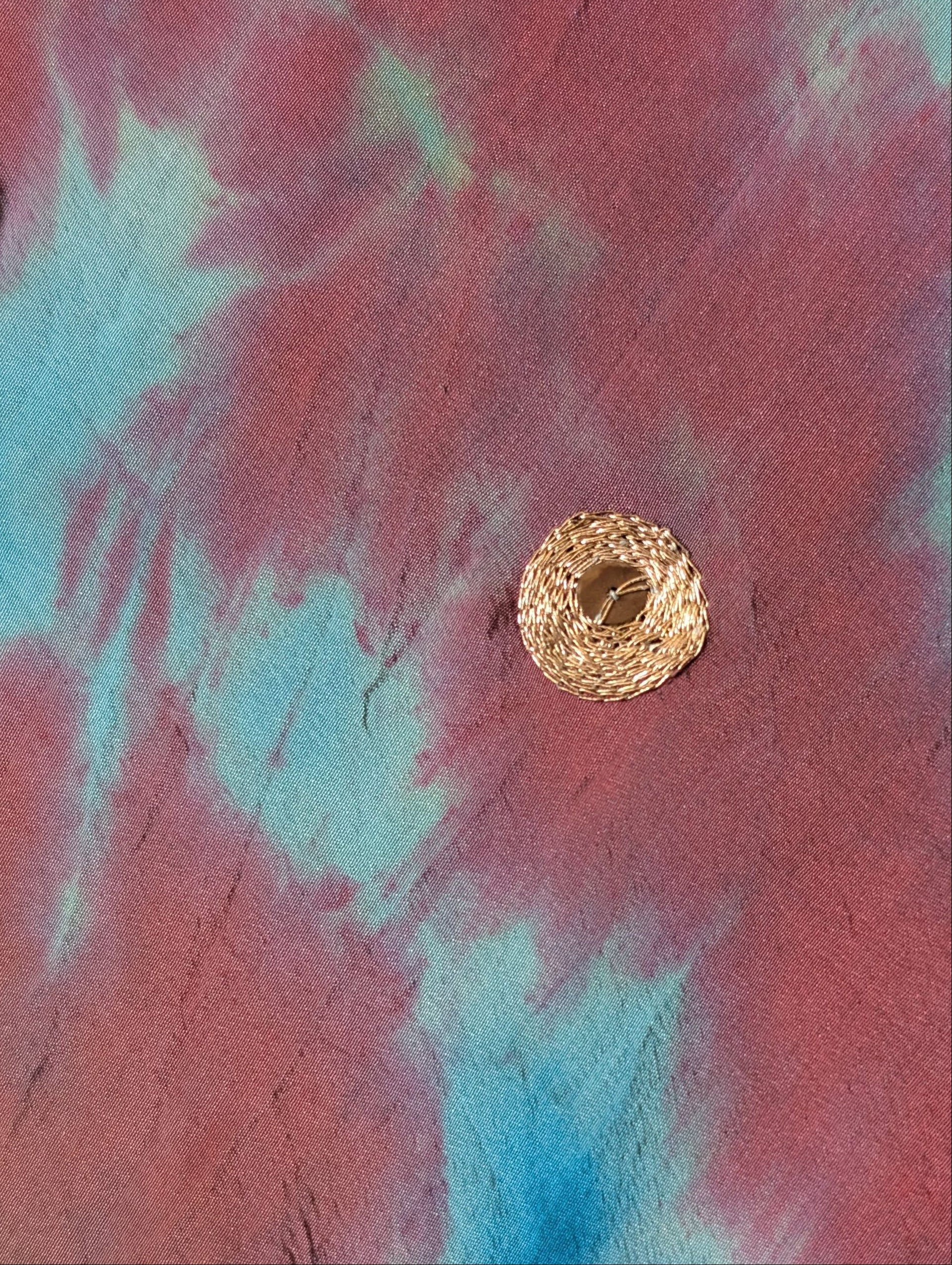 The Muse Rainbow sky natural silk and handmade embroidery details tie and dye dark red and turquoise blue