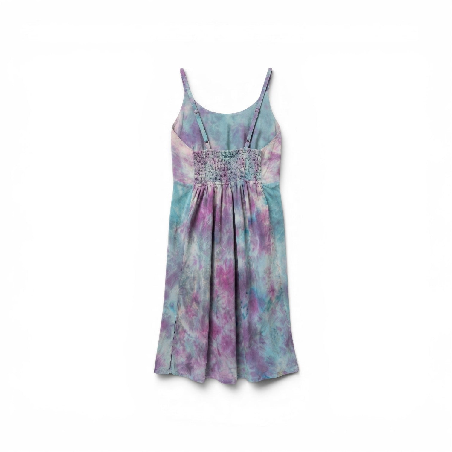 The Muse Silk Dress Purple Haze Fluid Upcycled Garment adjustable straps blue and purple tie and dye