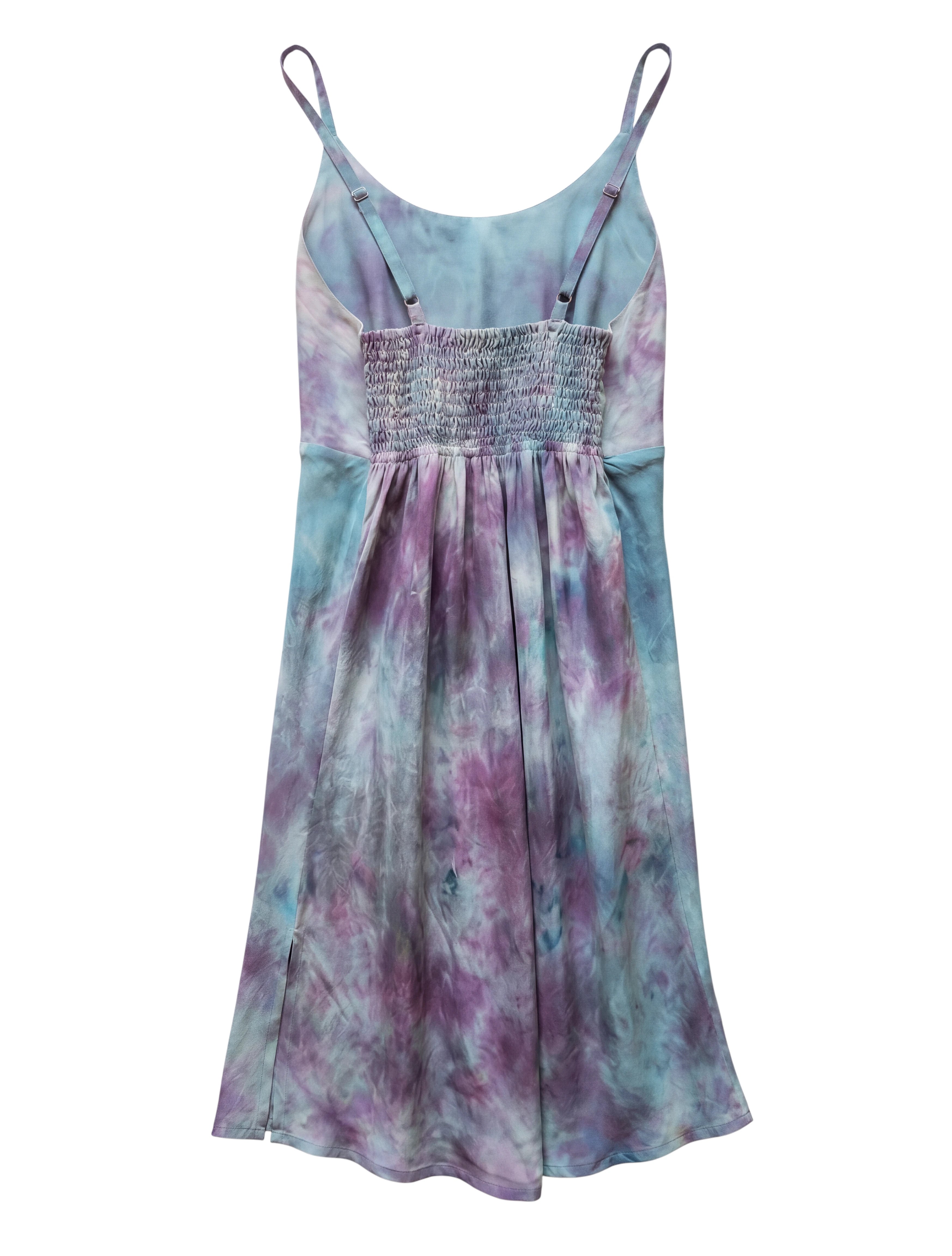 The Muse Silk Dress Purple Haze Fluid Upcycled Garment adjustable straps blue and purple tie and dye