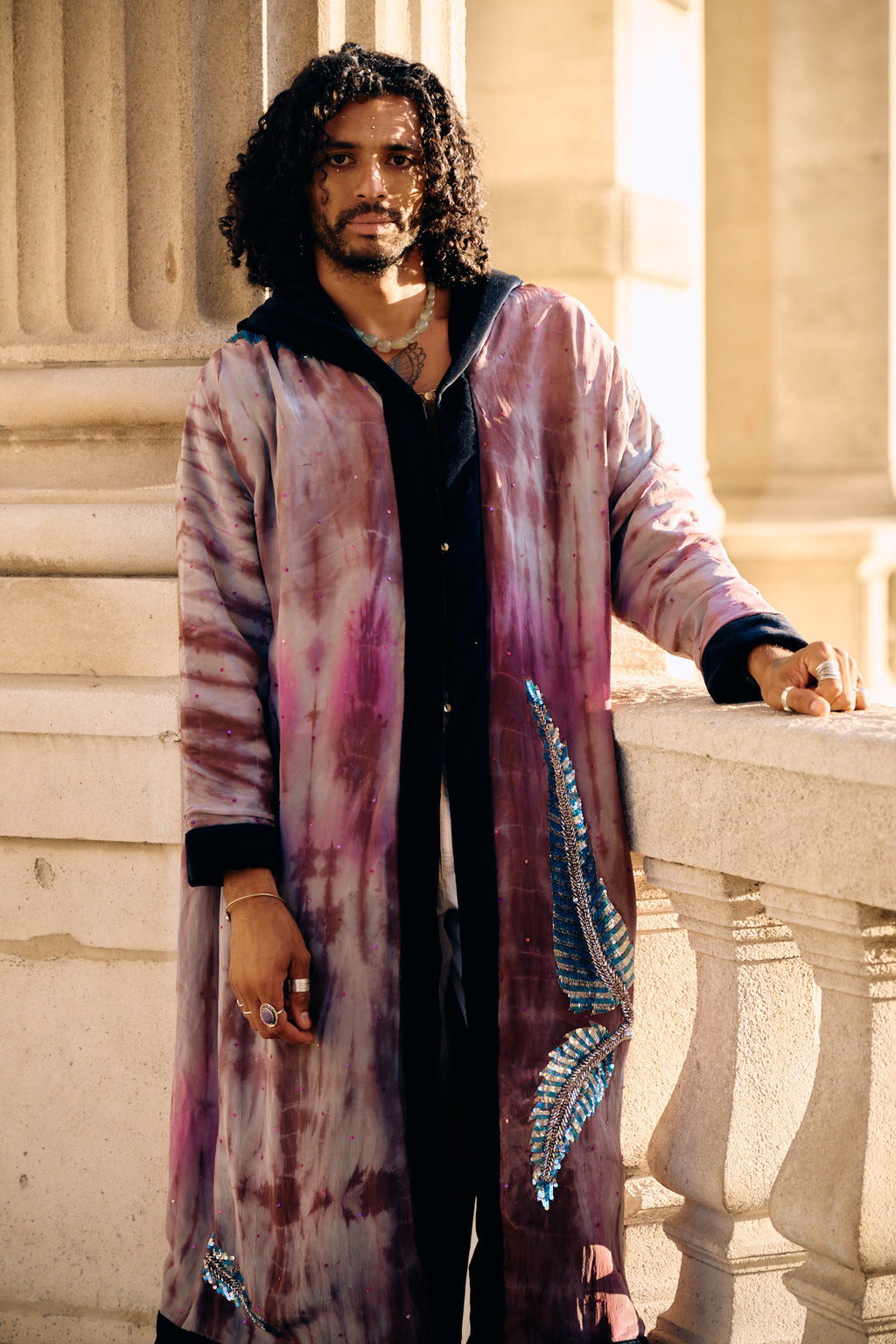The Ritual Hooded long silk coat with beautiful embroidery sustainable and consciousfashion by Yayavara Creation