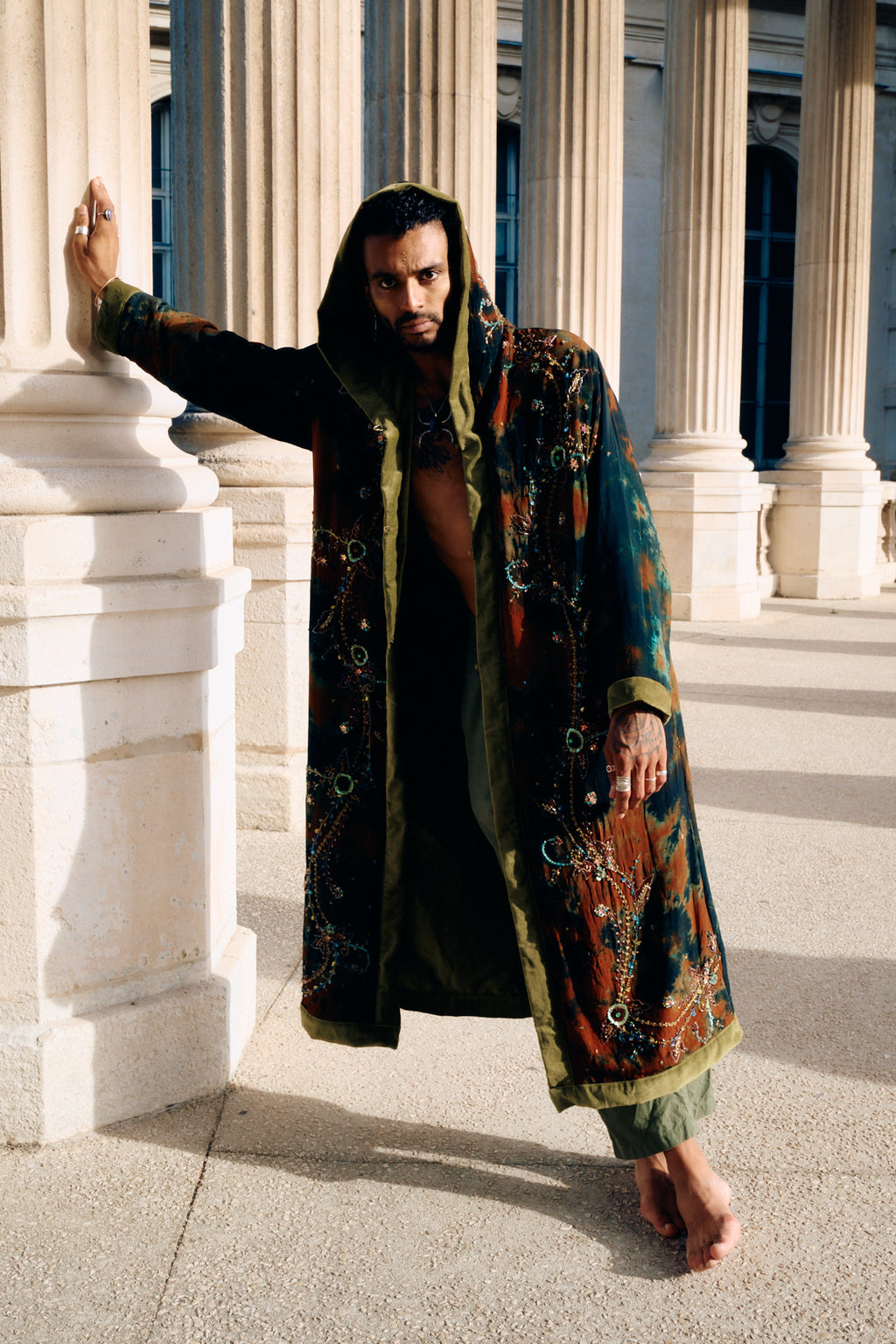 The Ritual hooded coat made of upcycled silk with embroidery lining cotton velvet unisex collection by Yayavara Creation