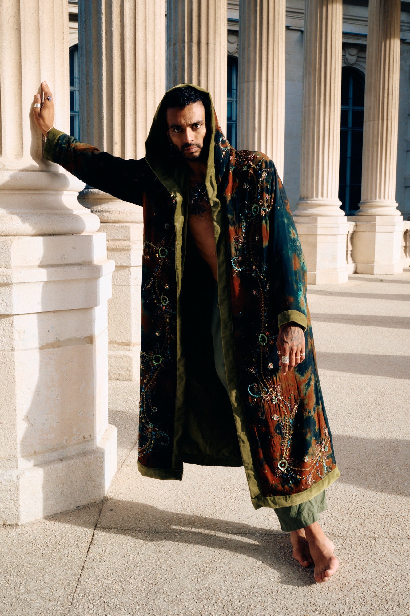 The Ritual hooded coat made of upcycled silk with embroidery lining cotton velvet unisex collection by Yayavara Creation