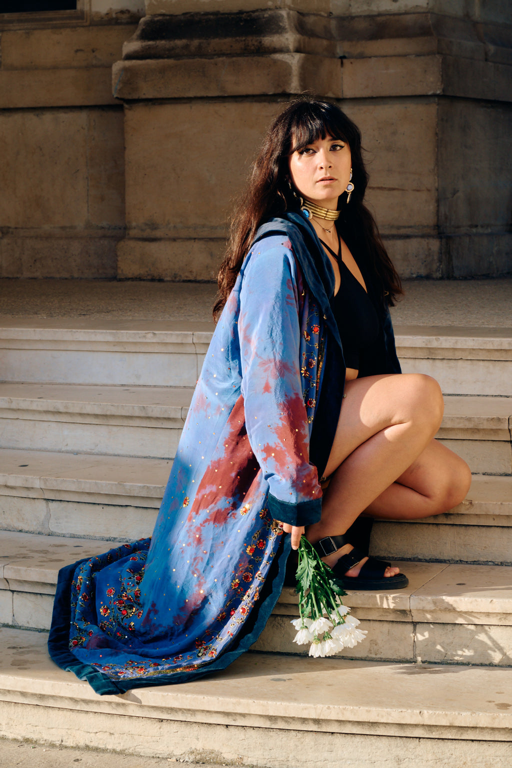 The Ritual The Hidden Temple long sleeves cotton velvet coat with handmade embroidery and a wide hood one of a kind garment Yayavara Creation