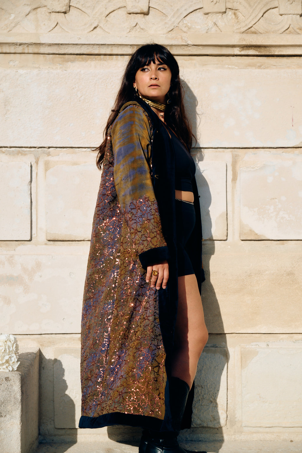 The Ritual hooded long coat natural silk upcycled from vintage sari conscious fashion by Yayavara Creation