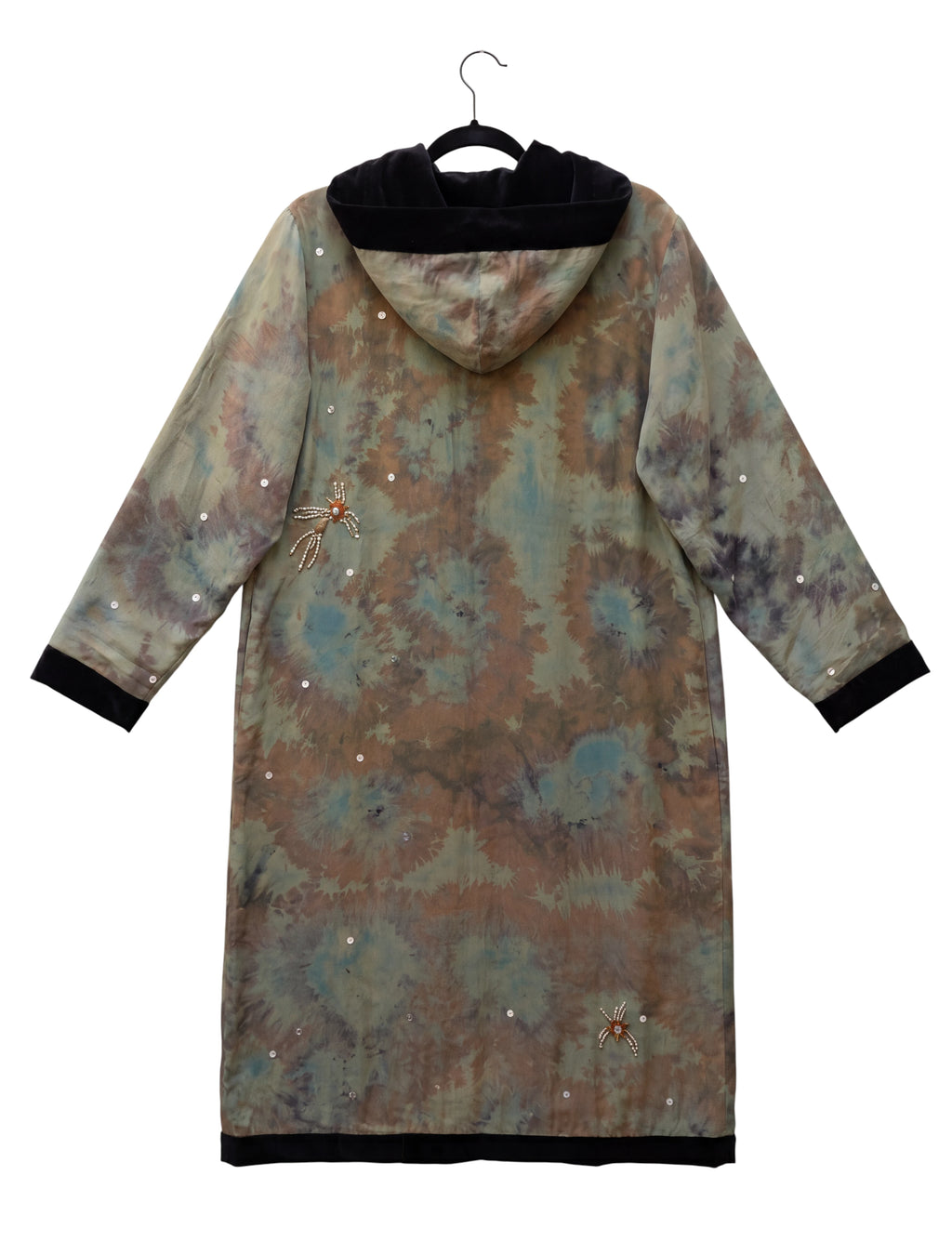 The Ritual long and unique hooded with natural silk and handmade embroidery flatlay backside one of a kind garment Yayavara Creation