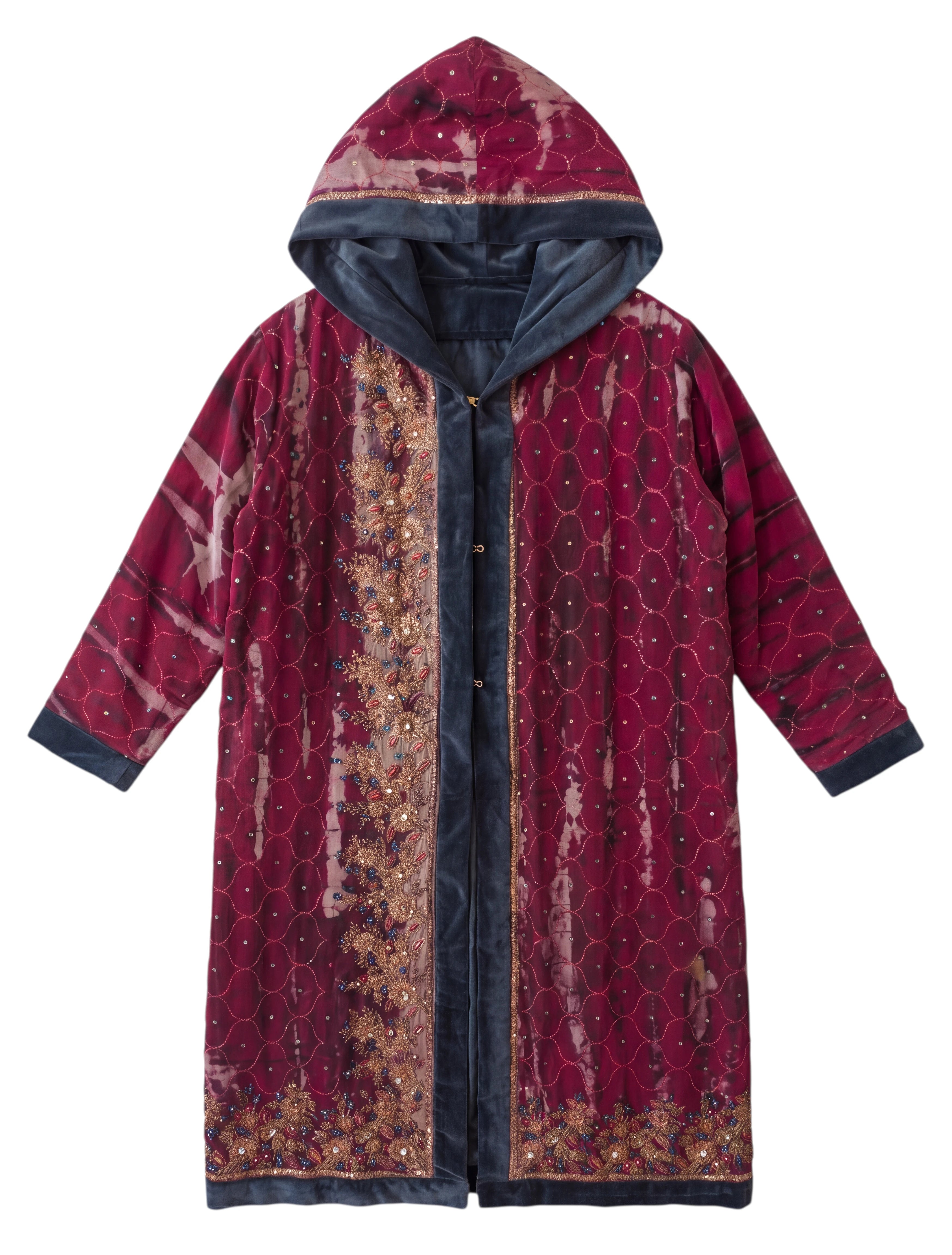 The Ritual hooded long coat made of natural silk and handmade embroidery cotton velvet lining, conscious brand and sustainable luxury by Yayavara Creation