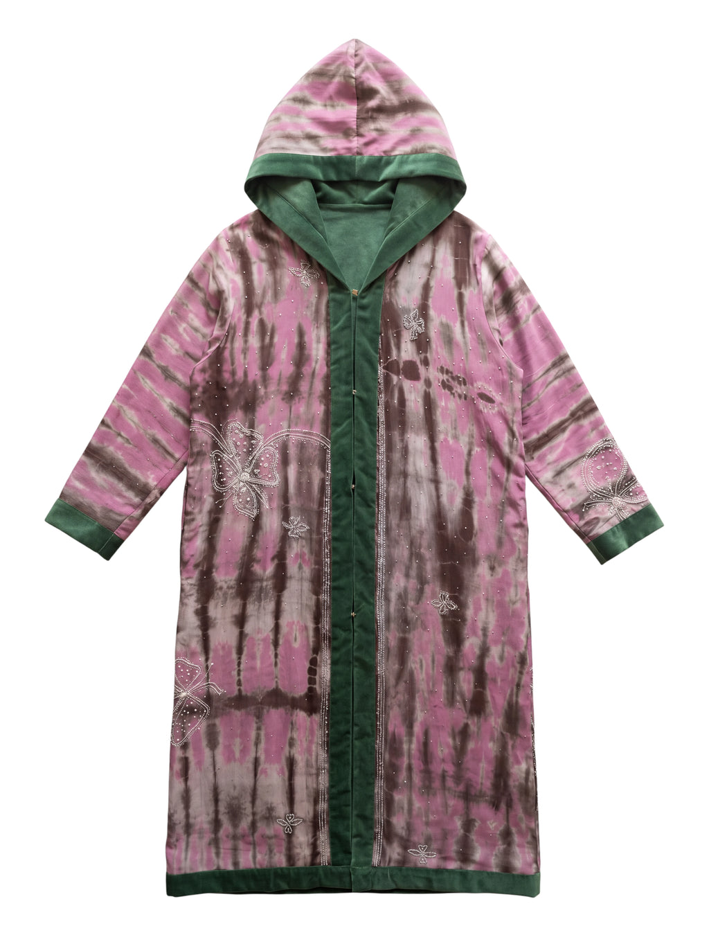 Flatlay frontside of the Ritual The Solstice Coat Green velvet lining and pink natural silk with handmade emrboidery 