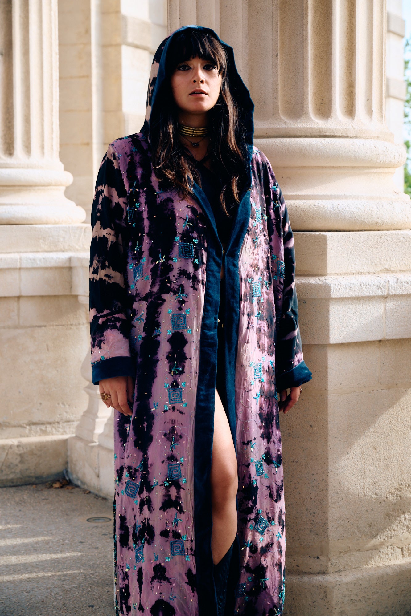 The Ritual The Veil Hooded silk coat with cotton velvet lining one of a kind garment Yayavara Creation