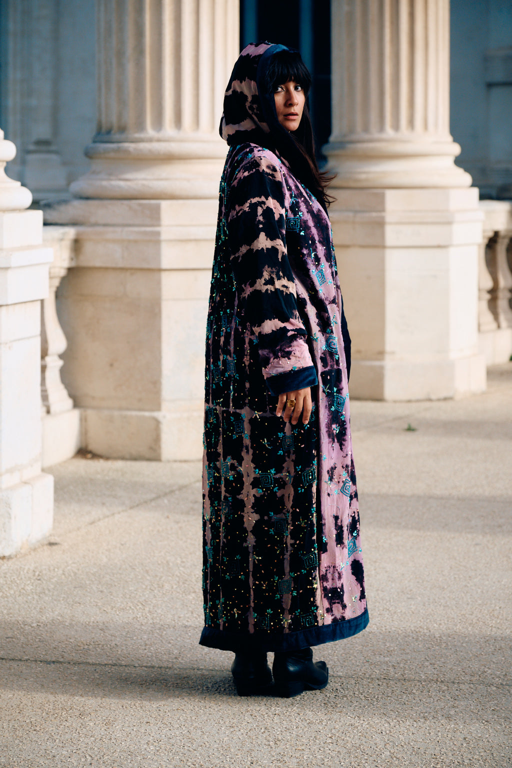 The Ritual The Veil backside hooded long sleeves coat with velvet lining unique garment consciously made sustainable luxury Yayavara Creation