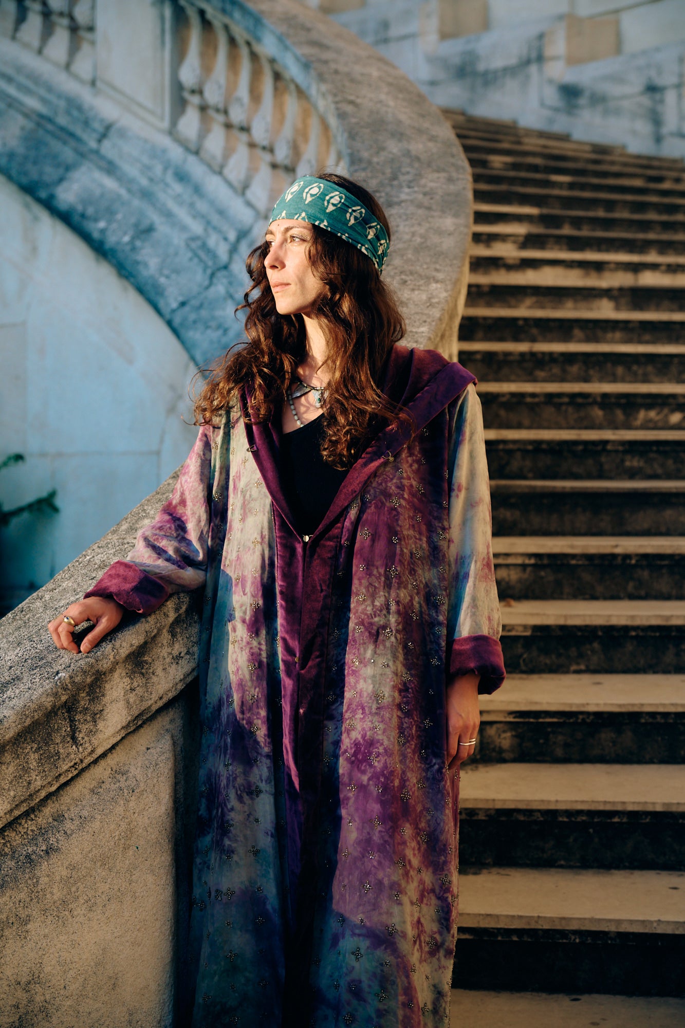 The Ritual Long hooded coat natural vintage silk and handmade embroidery conscious fashion Yayavara Creation