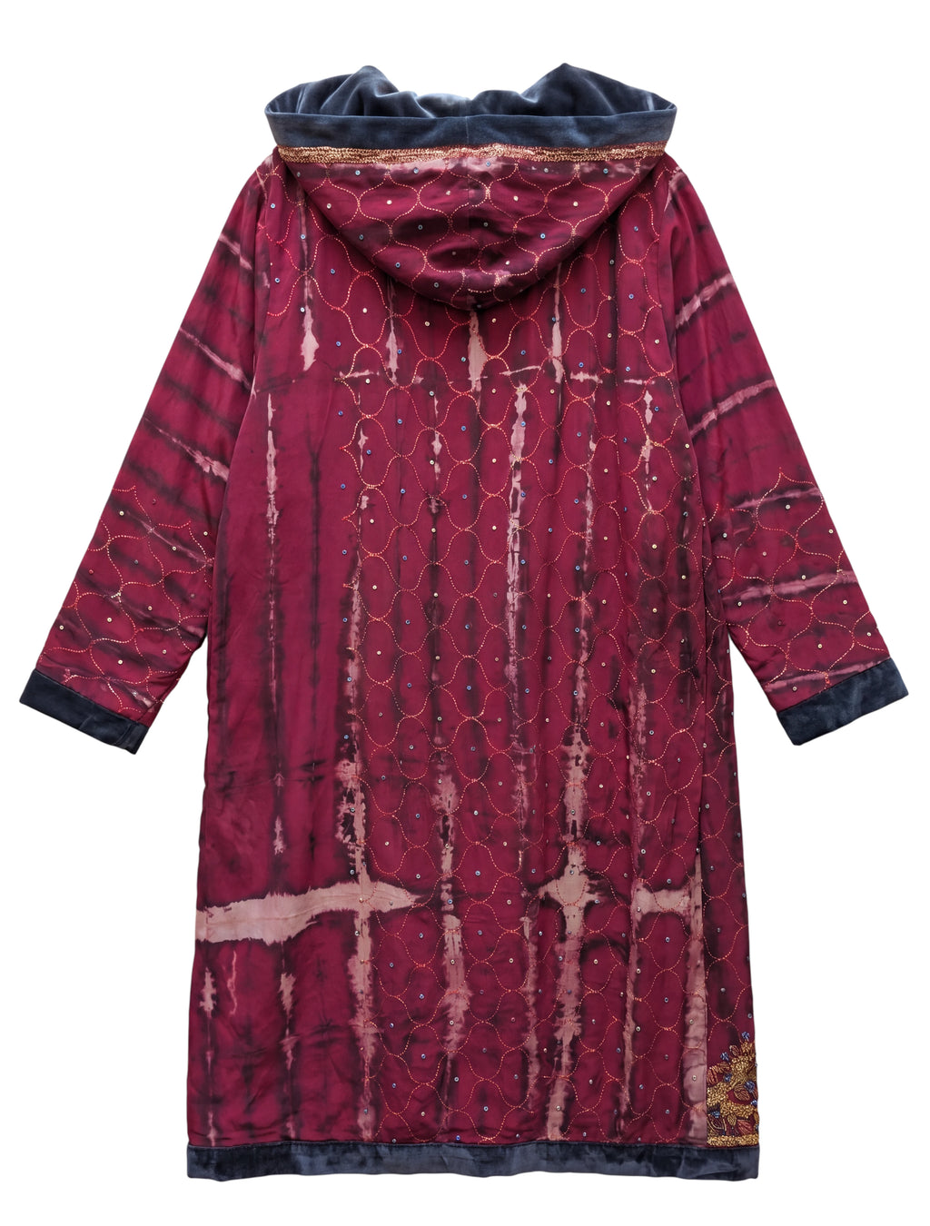 The Ritual long silk coat with long sleeves upcycled from indian sari handmade embroidery by Yayavara Creation