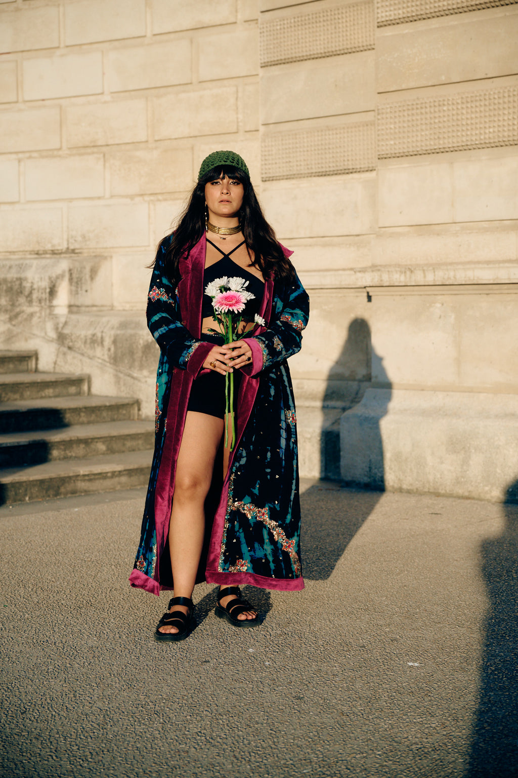 The Ritual a vintage silk coat with embroideries and cotton velvet lining, with a wide hood by Yayavara Creation
