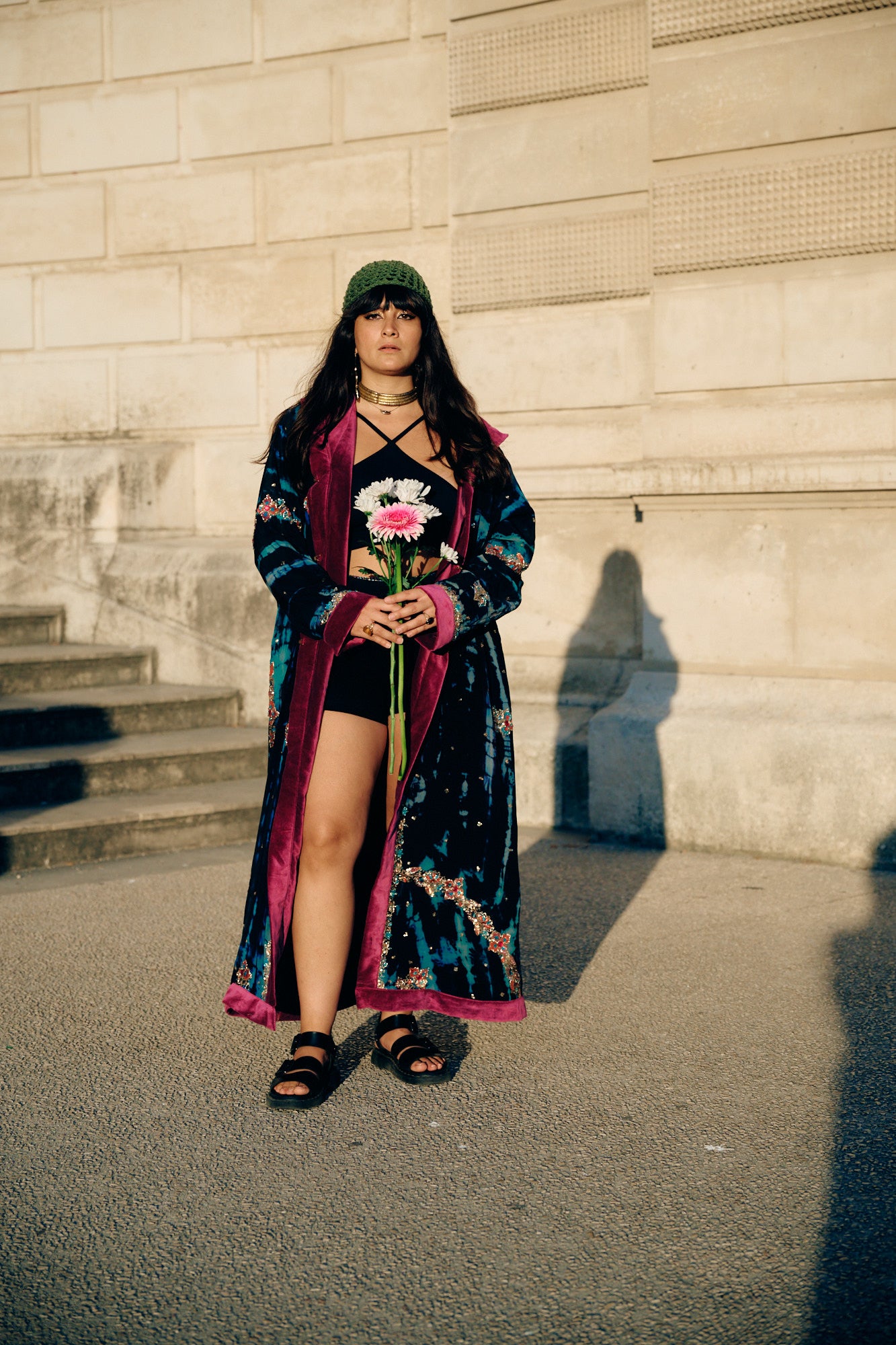 The Ritual a vintage silk coat with embroideries and cotton velvet lining, with a wide hood by Yayavara Creation