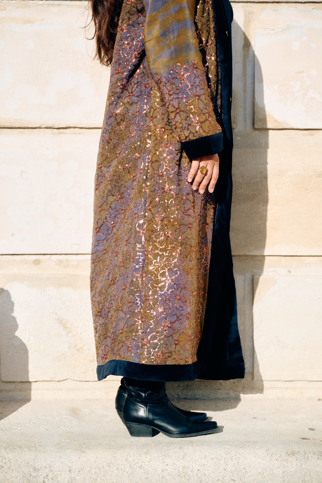 The Ritual long silk coat with cotton velvet lining and handmade embroidery conscious fashion by Yayavara Creation