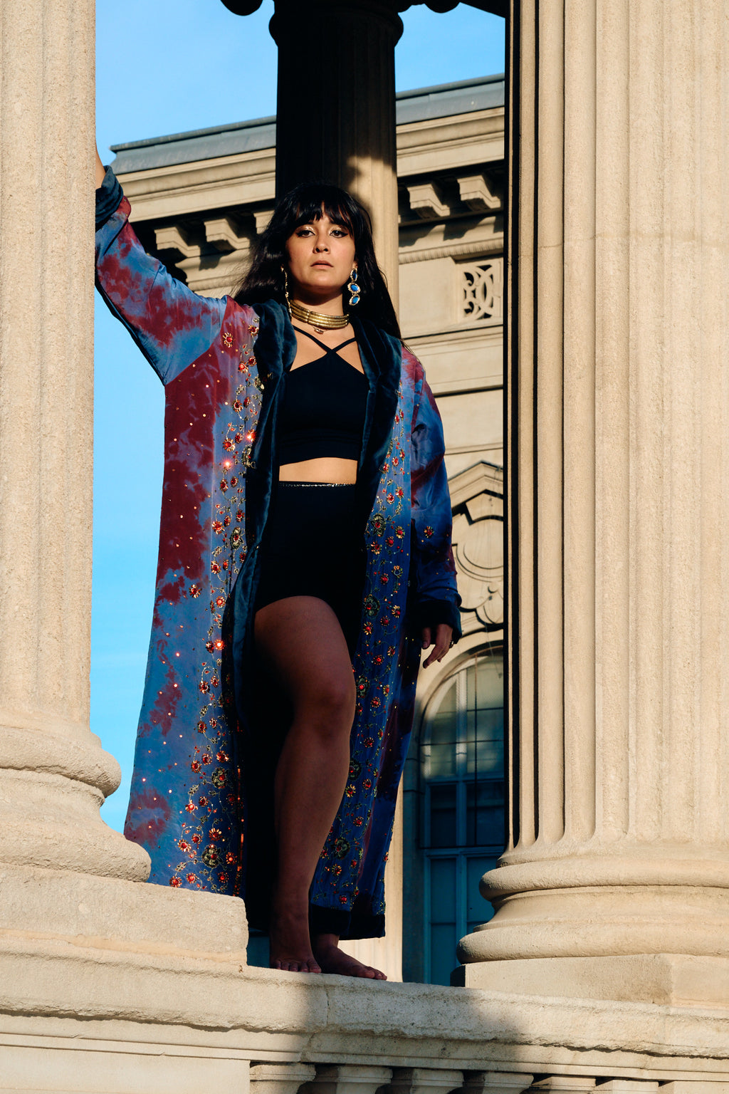 The Ritual long sleeves cotton velvet coat with handmade embroidery and a wide hood one of a kind garment Yayavara Creation