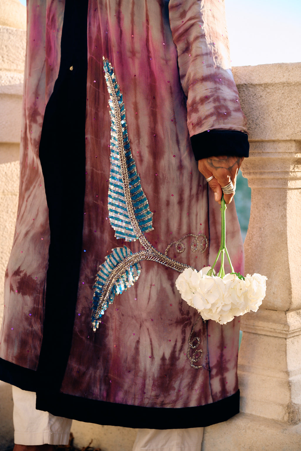 The Ritual Hooded long silk coat with beautiful embroidery sustainable fashion by Yayavara Creation