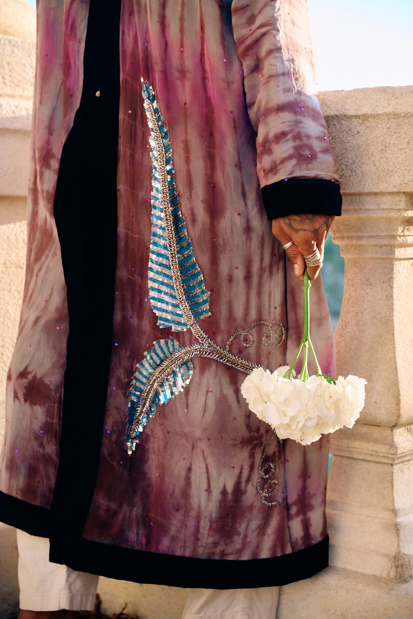 The Ritual Hooded long silk coat with beautiful embroidery sustainable fashion by Yayavara Creation