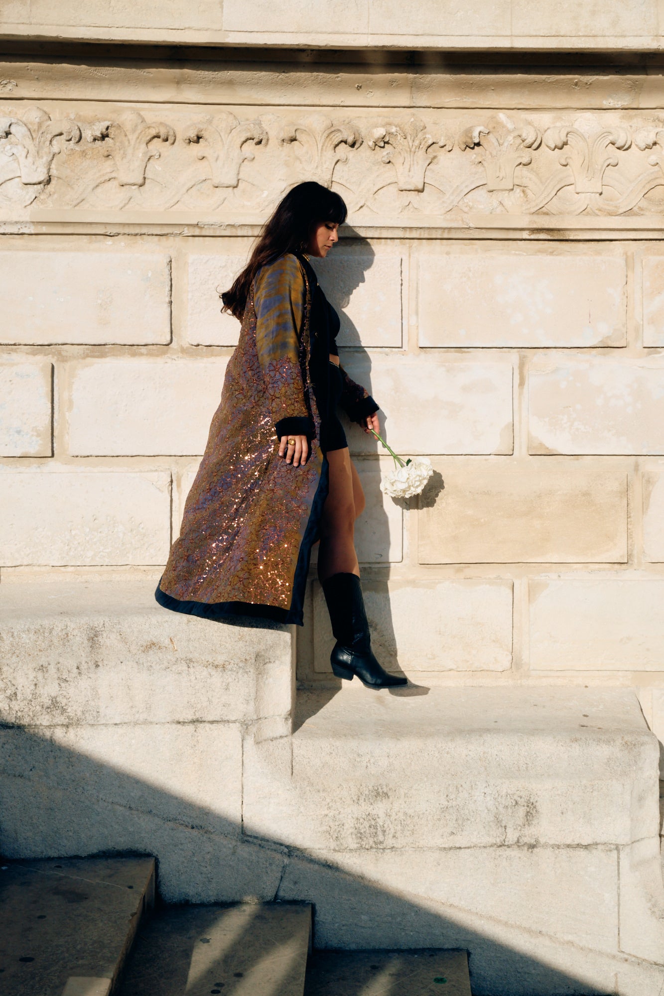 The Ritual long hooded coat made of natural silk and handmade enbroidery by Yayavara Creation