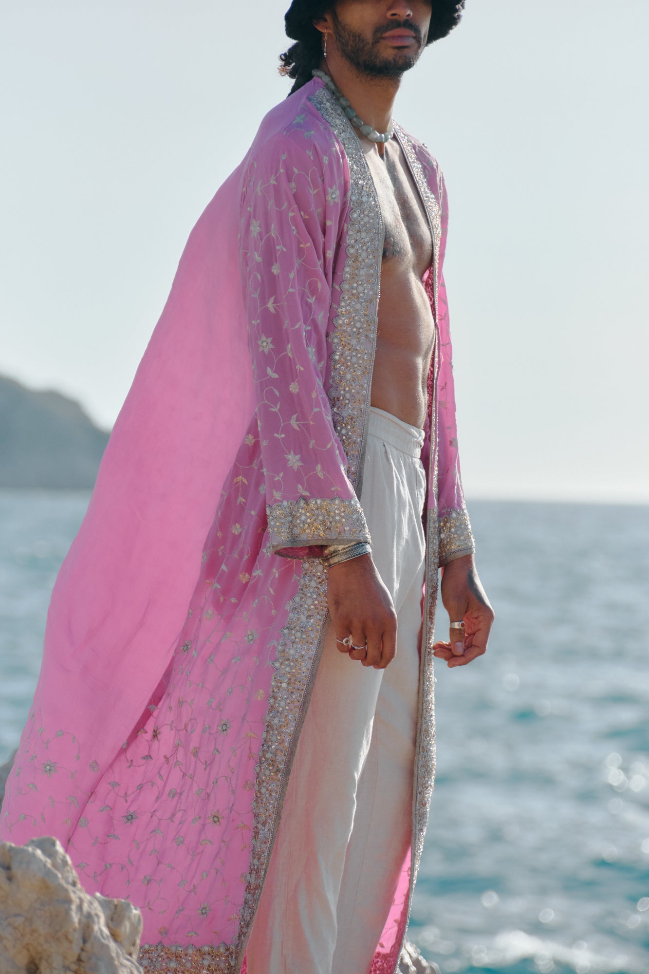 The eternal upcycled sari pink silk kimono and silver embroideries