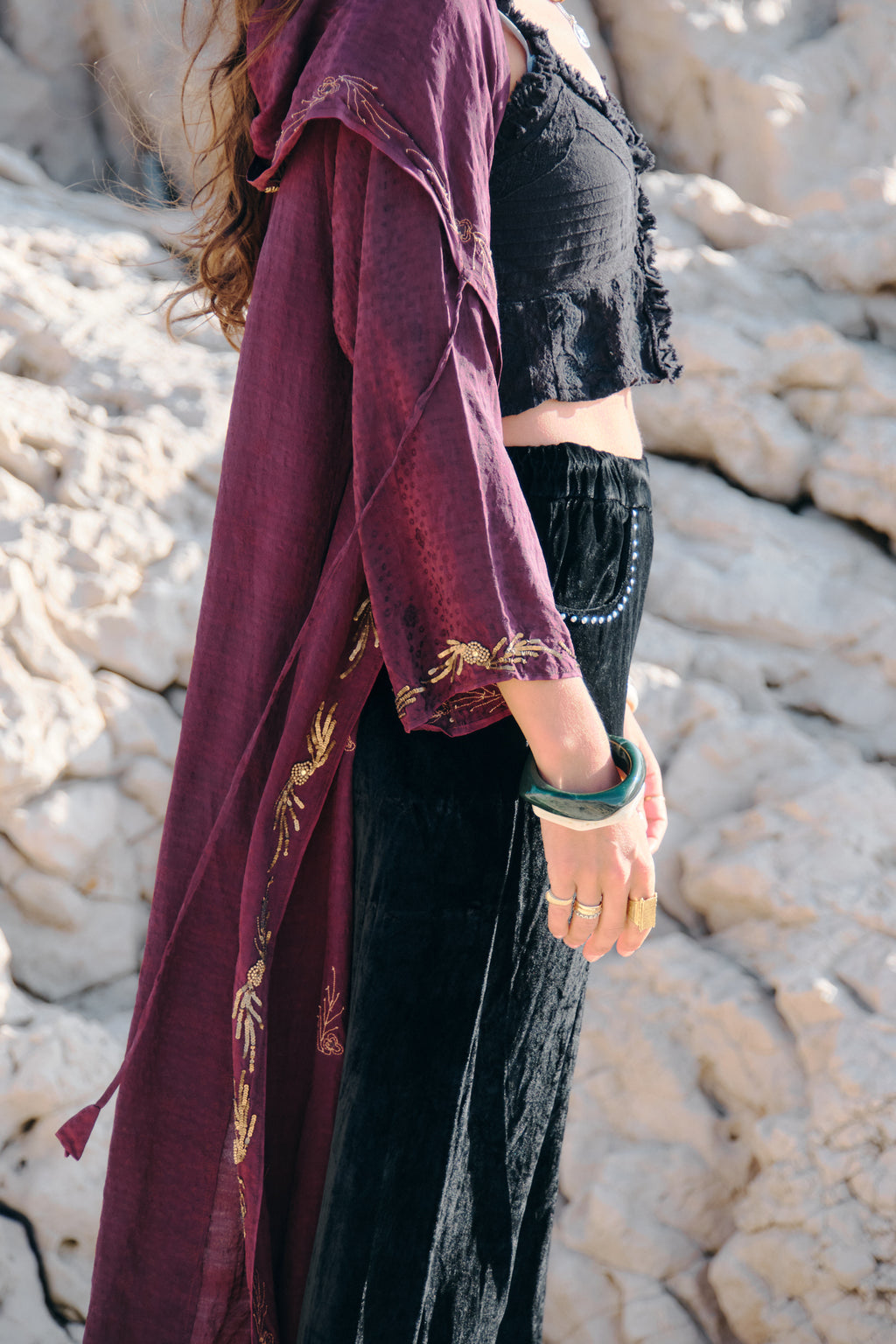 Burgundy silk hooded kimono with gold embroidery