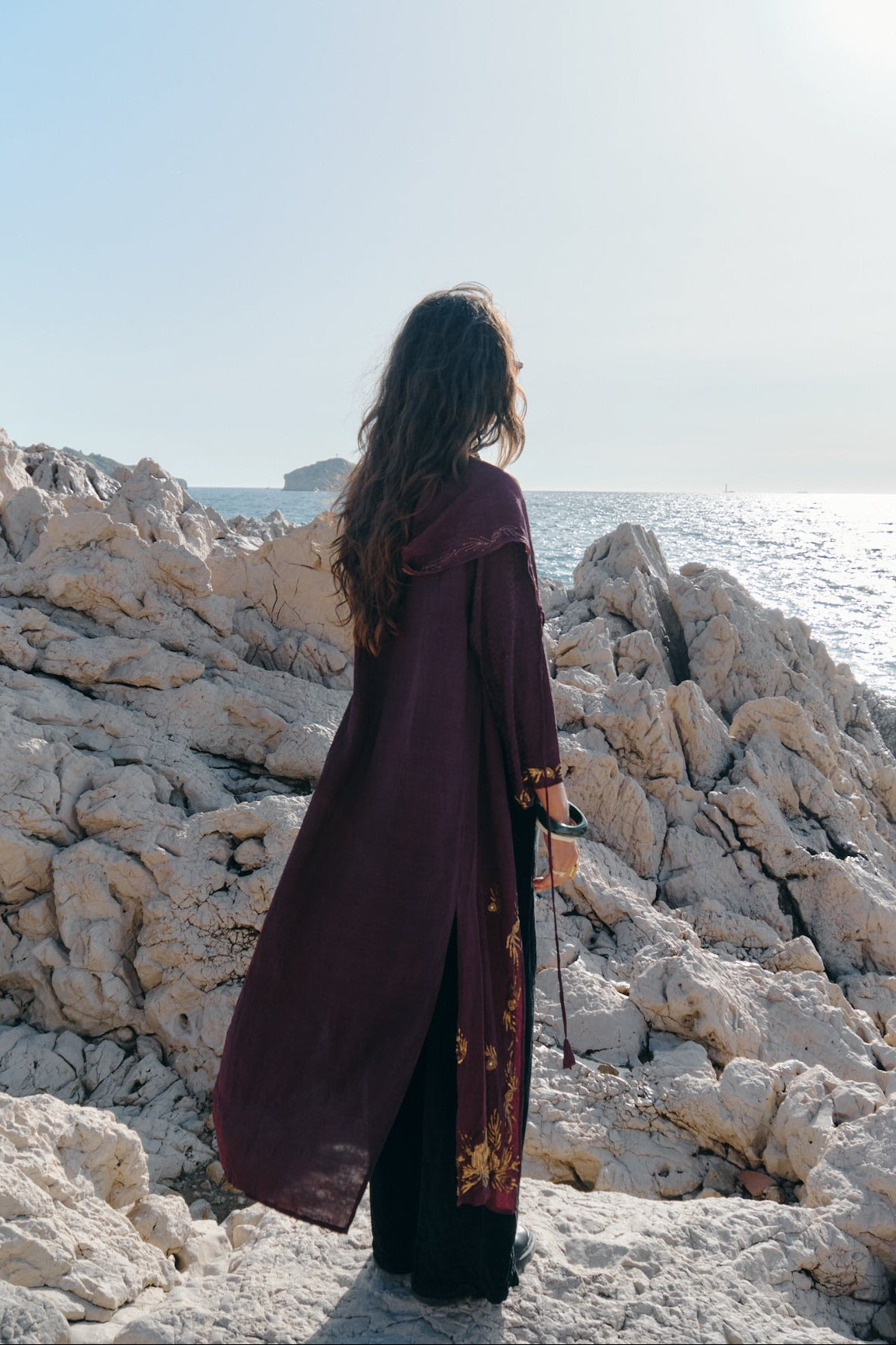 Burgundy silk hooded kimono with gold embroidery
