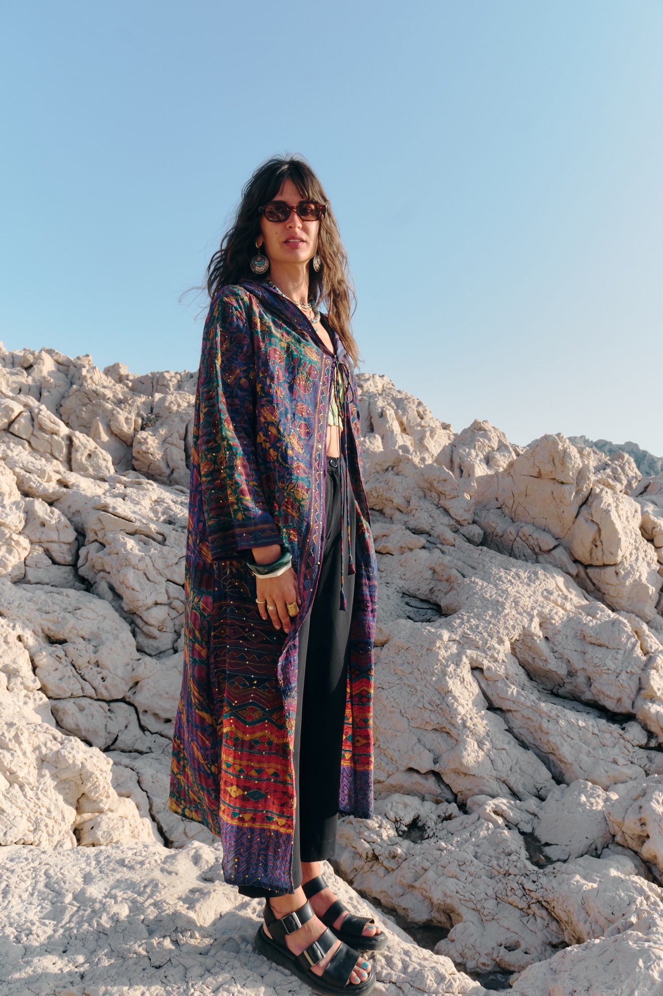 flowers and leaves design colorful silk hooded kimono