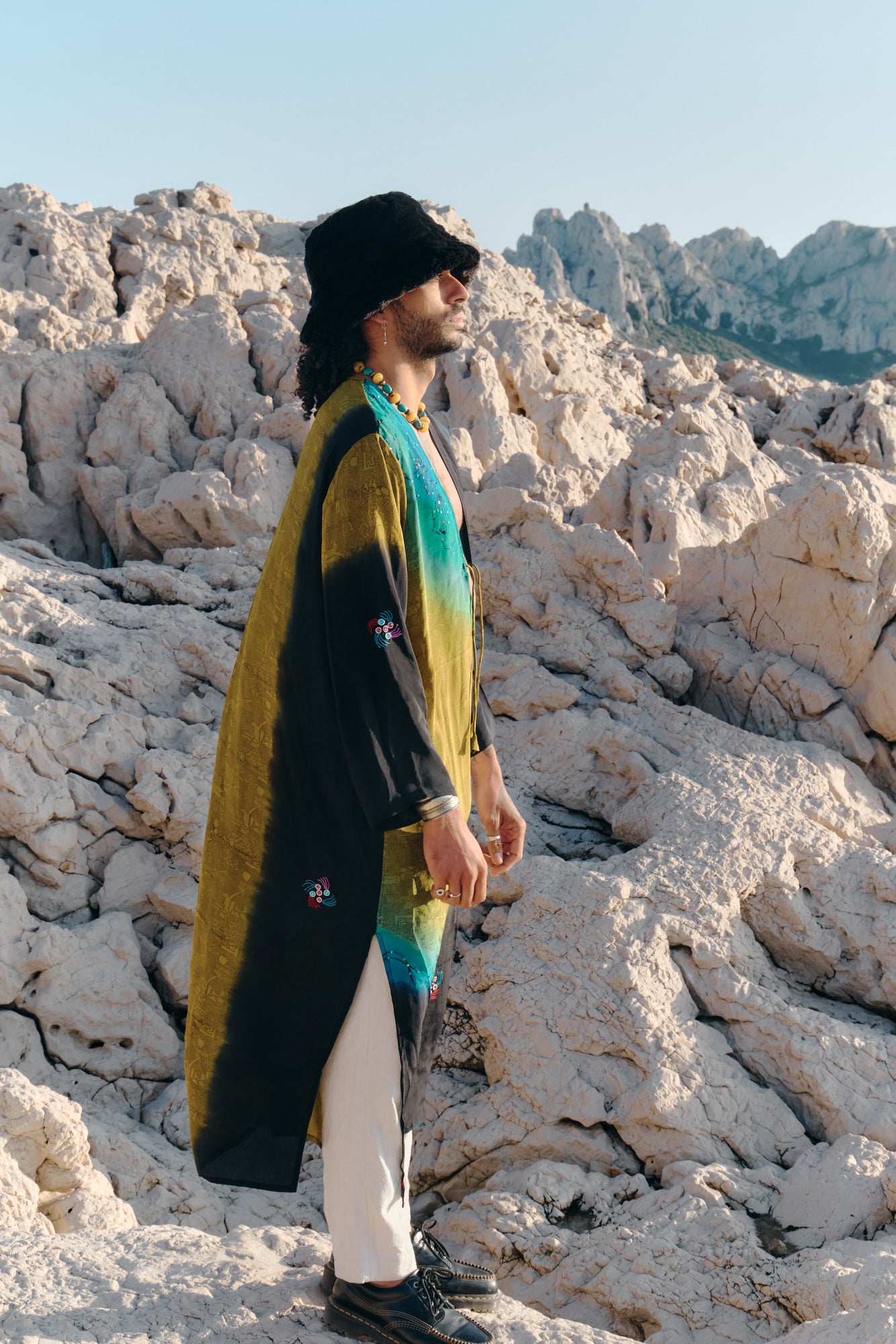 Long kimono unisex mustard turquoise and black