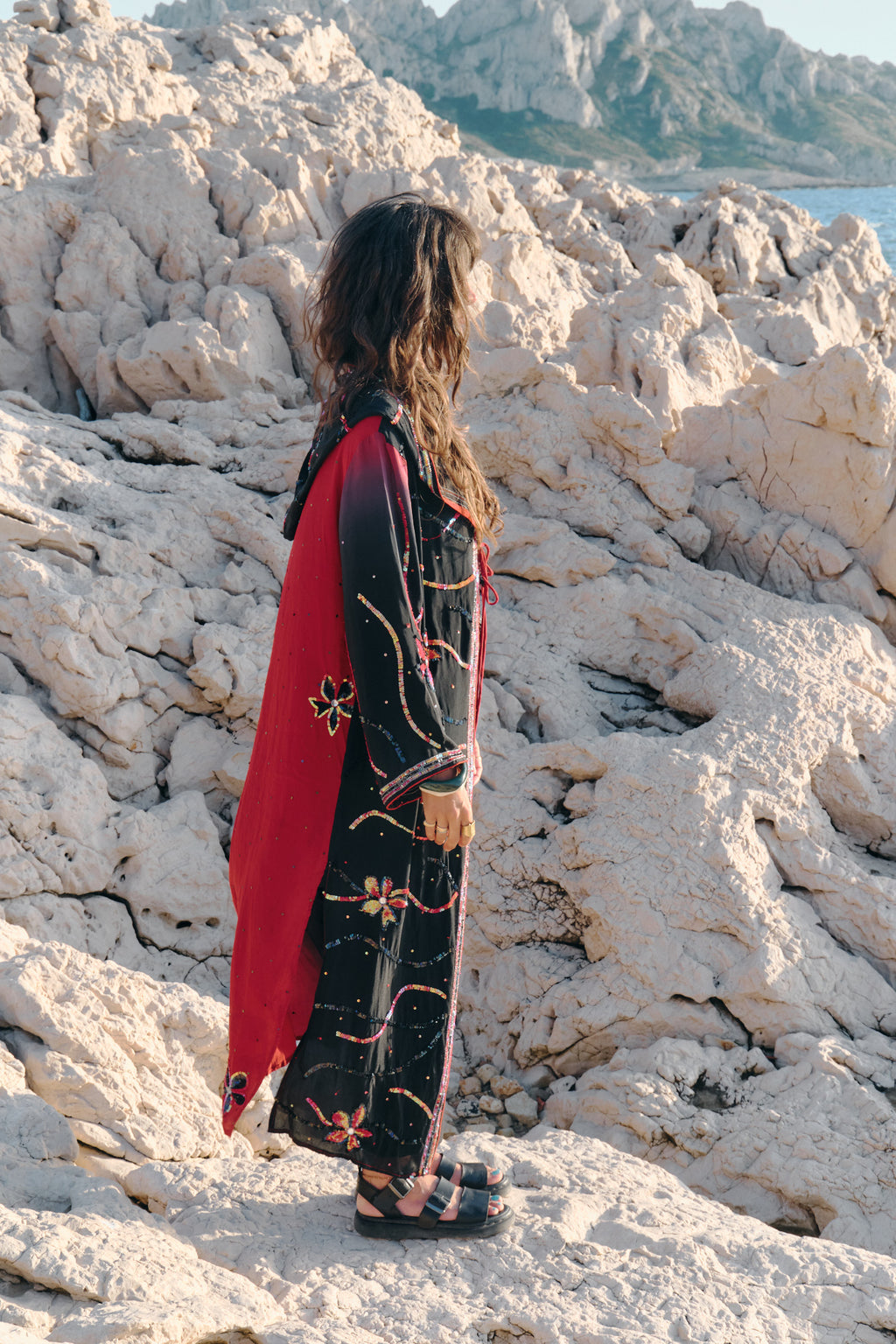 Unique creation upcycled unisex silk and embroidery kimono red and black