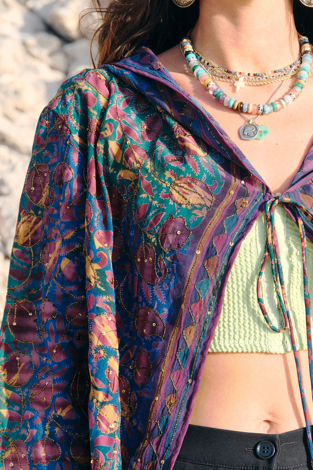 flowers and leaves design colorful silk hooded kimono