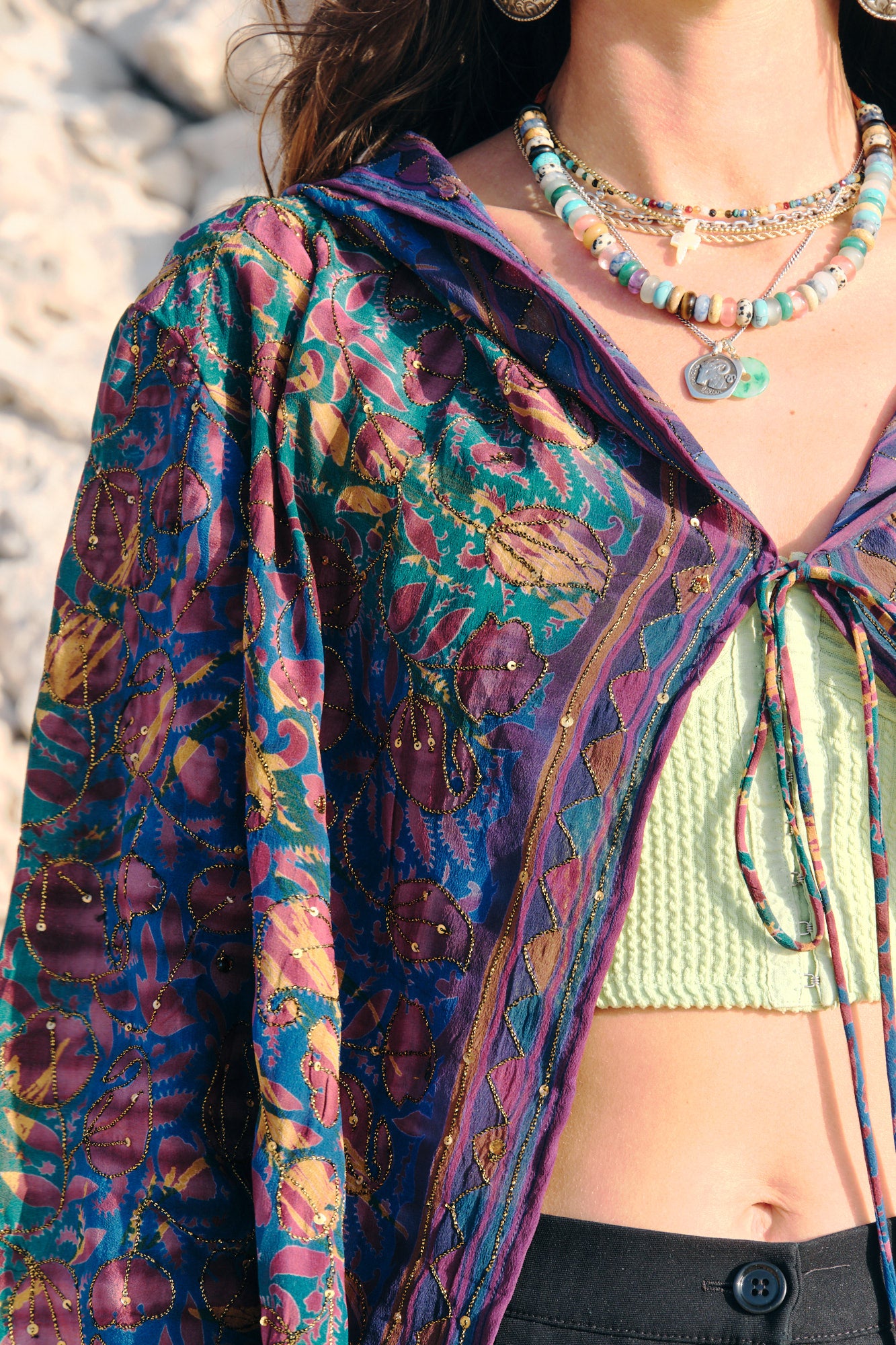 flowers and leaves design colorful silk hooded kimono