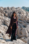 Burgundy silk hooded kimono with gold embroidery