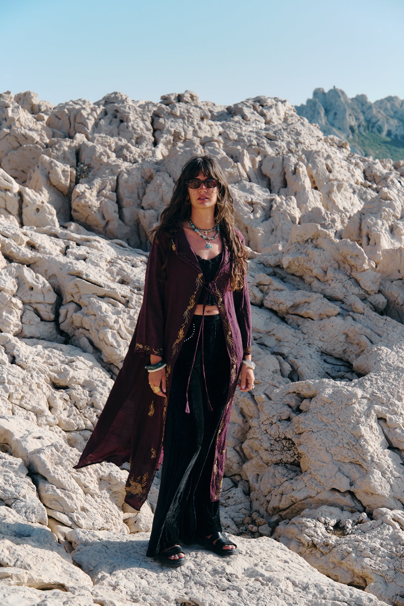 Burgundy silk hooded kimono with gold embroidery
