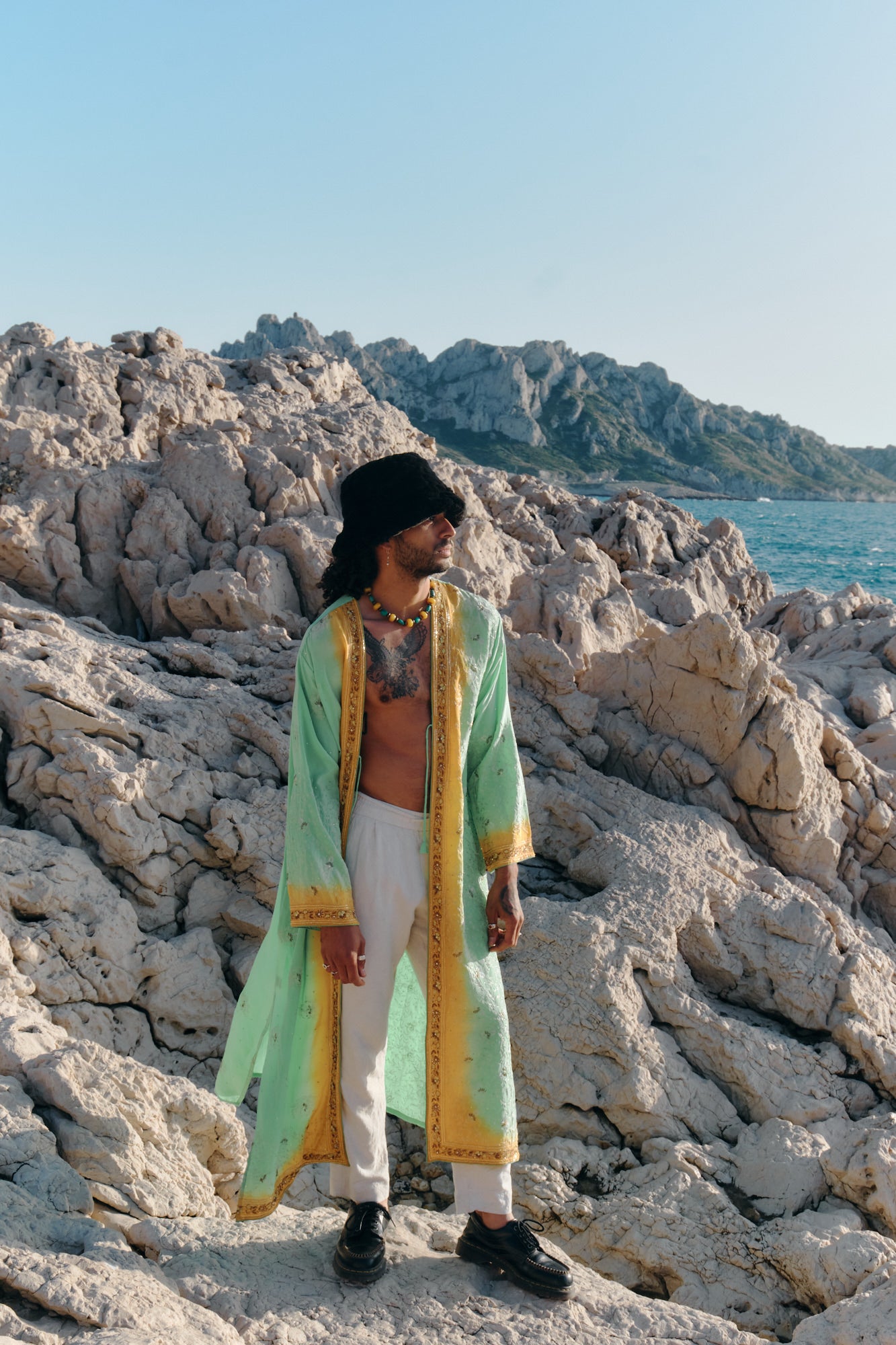 The eternal unisex long kimono coat green and yellow