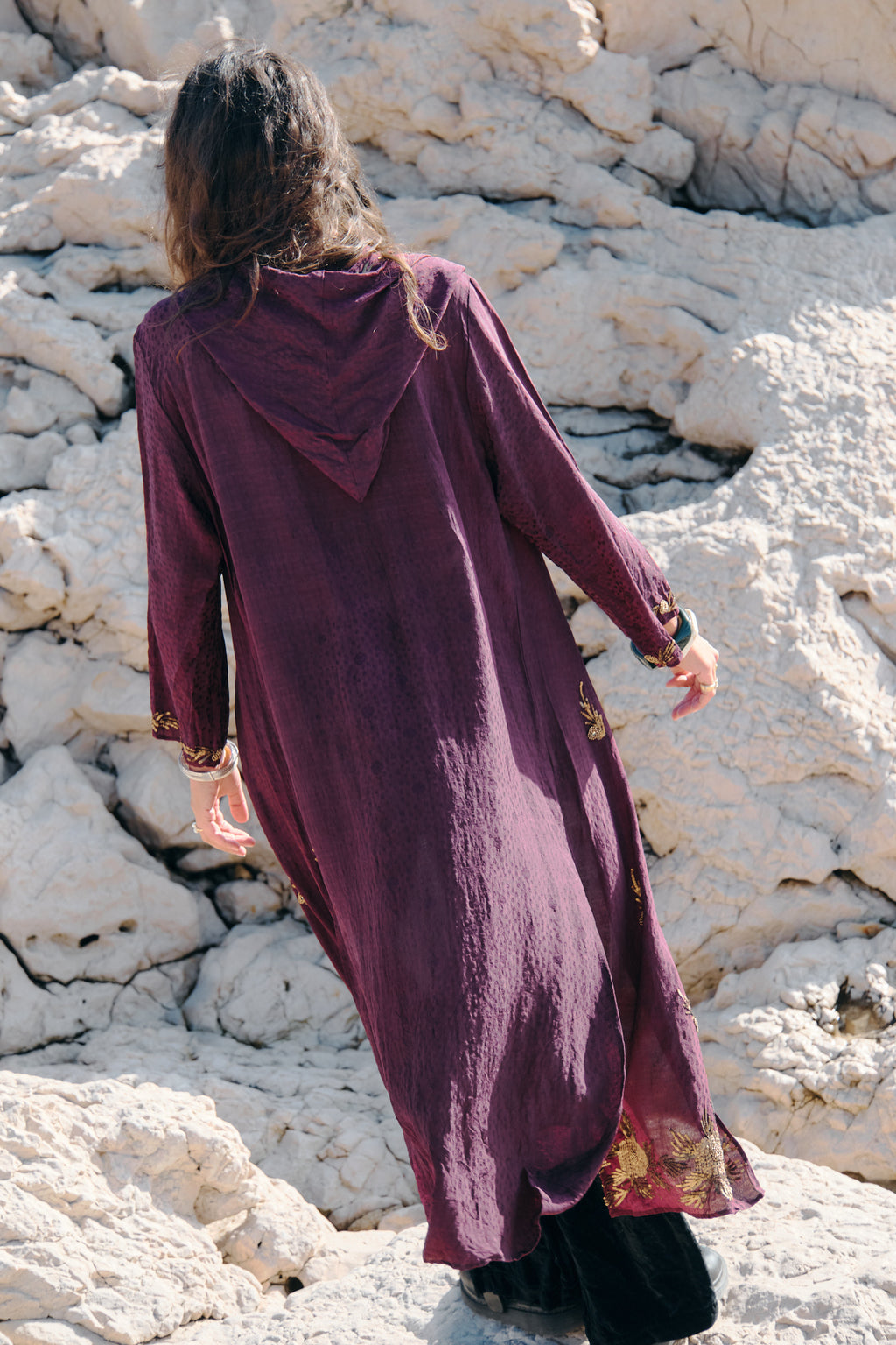 Burgundy silk hooded kimono with gold embroidery