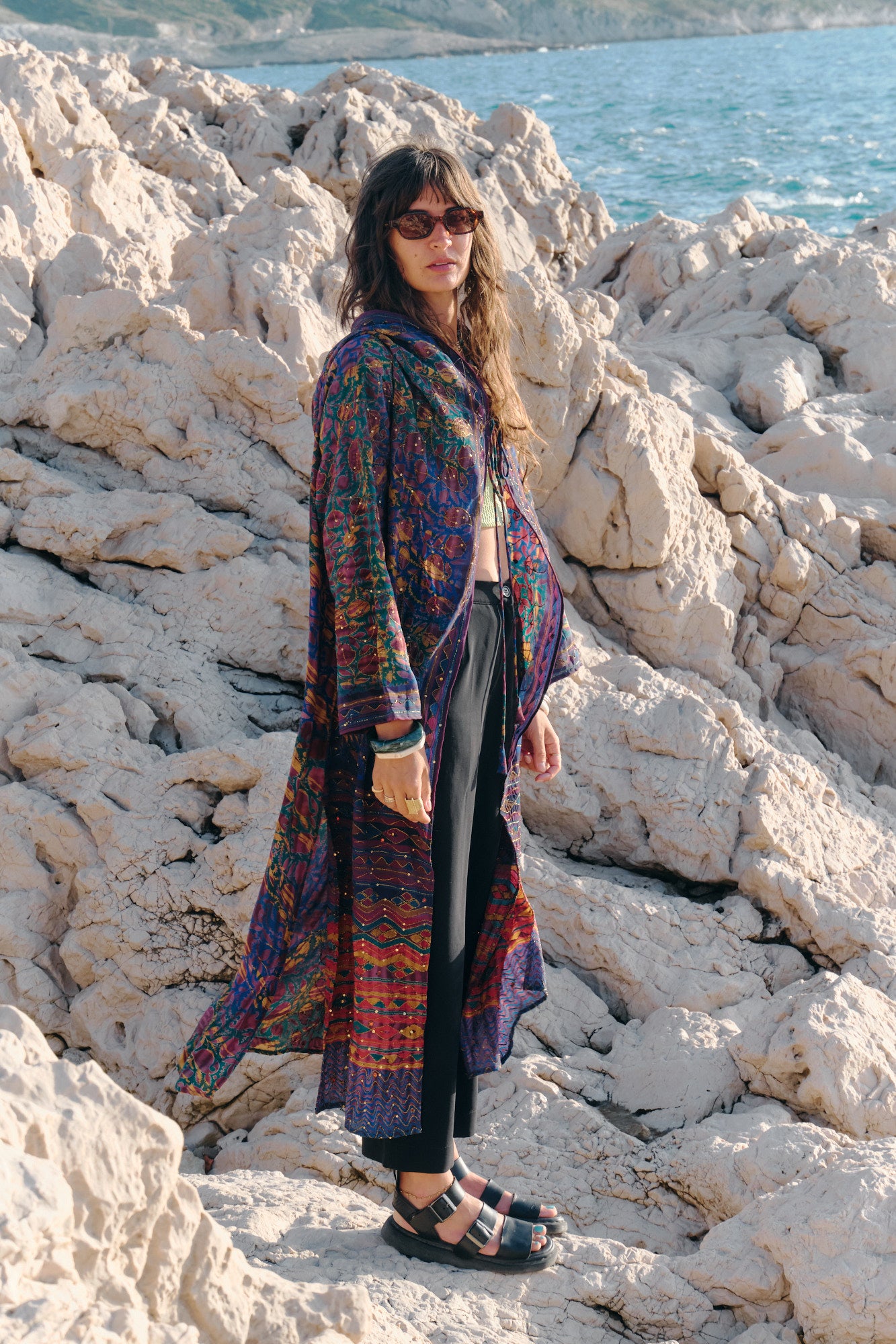 flowers and leaves design colorful silk hooded kimono